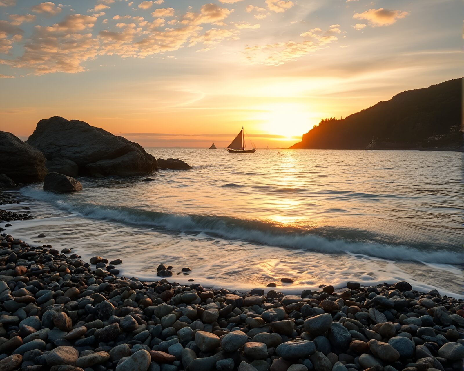 Warm sepia tones illuminate copper verdigris pebbles at dusk