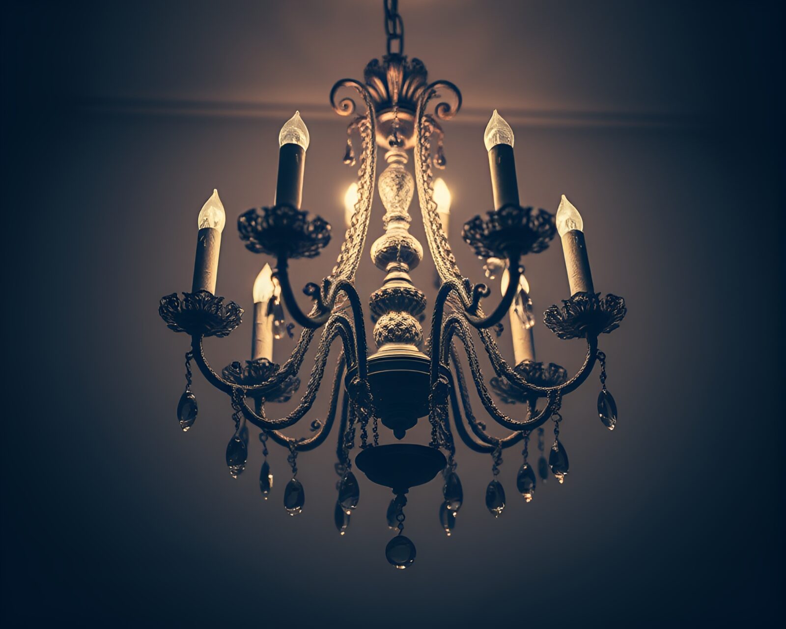 Dark and mysterious infrared photo of intricate Gothic chandelier