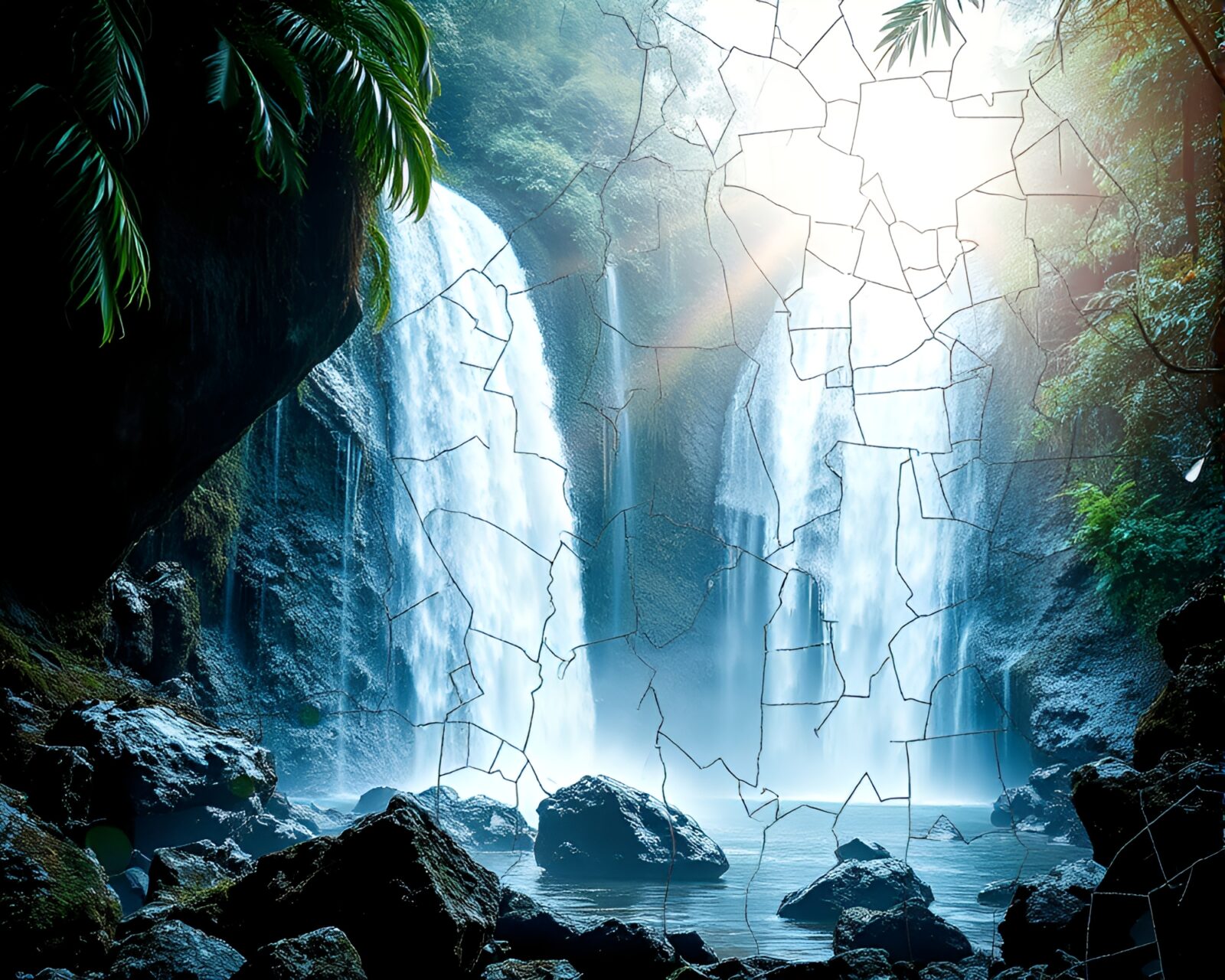 Broken mosaic fragments revealing snow-kissed light through tropical waterfall in x-ray style.