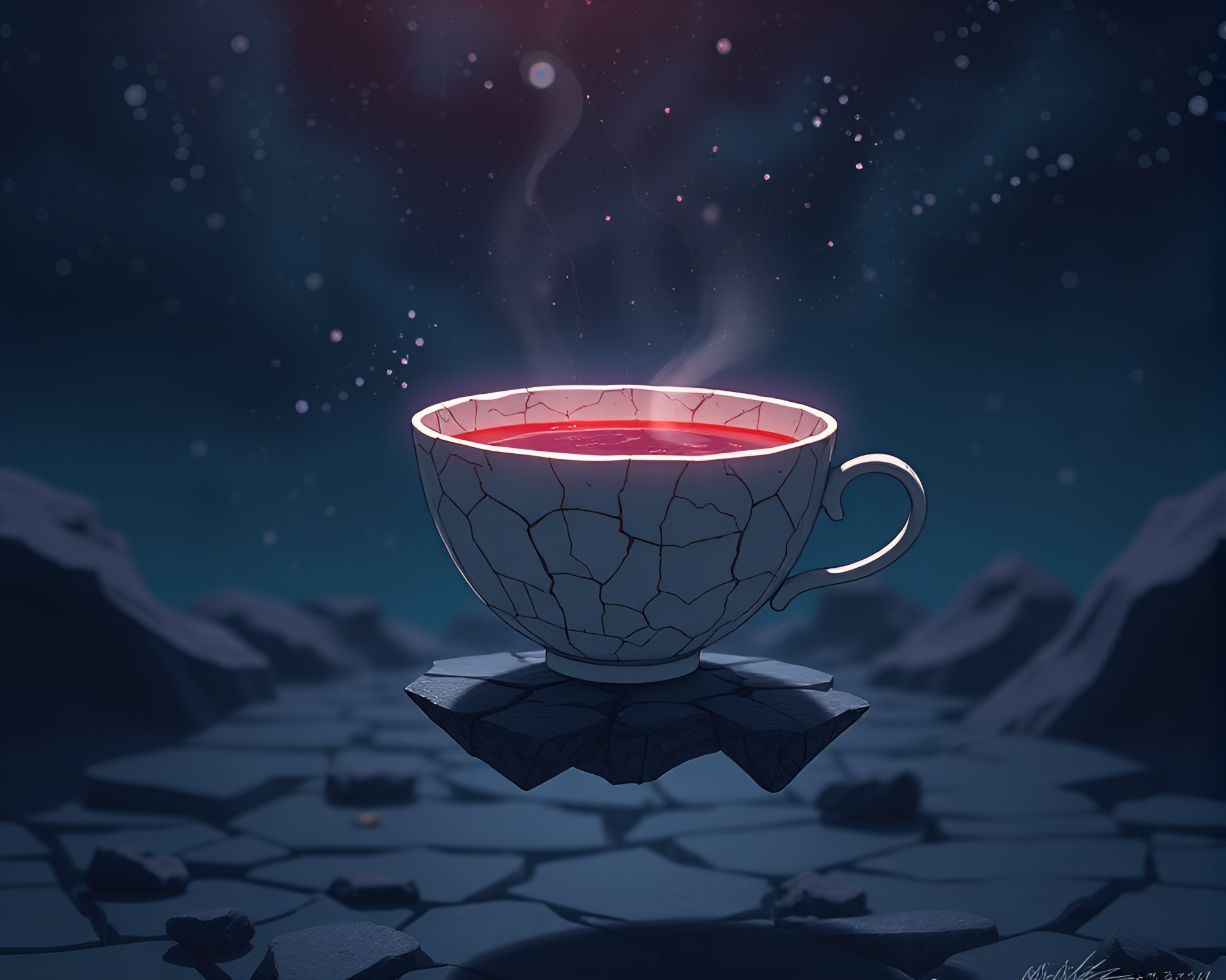 Floating tea cup on cracked indigo earth – free AI stock image