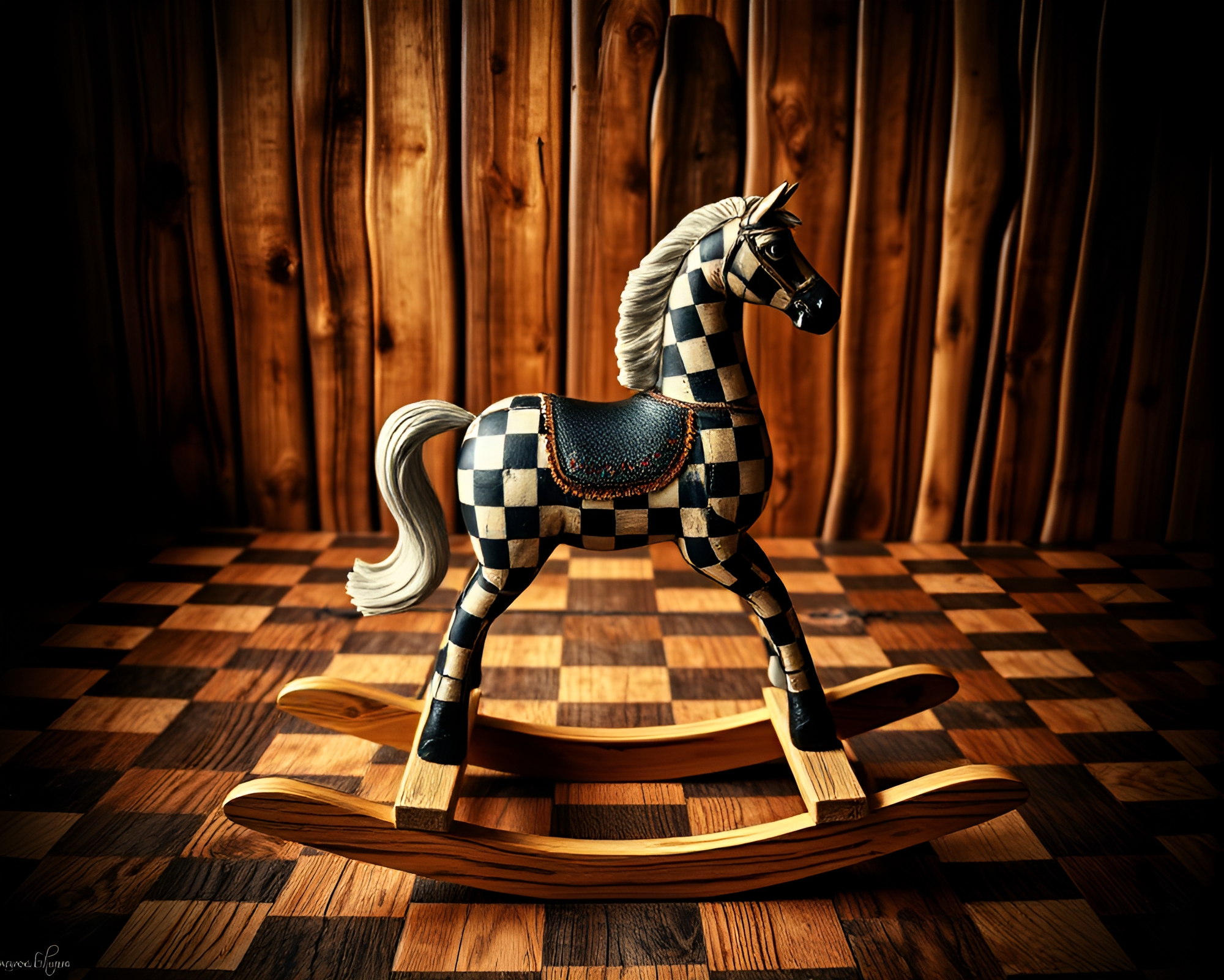 Chic Checkered Wooden Rocking Horse Fashion Illustration – free AI stock image