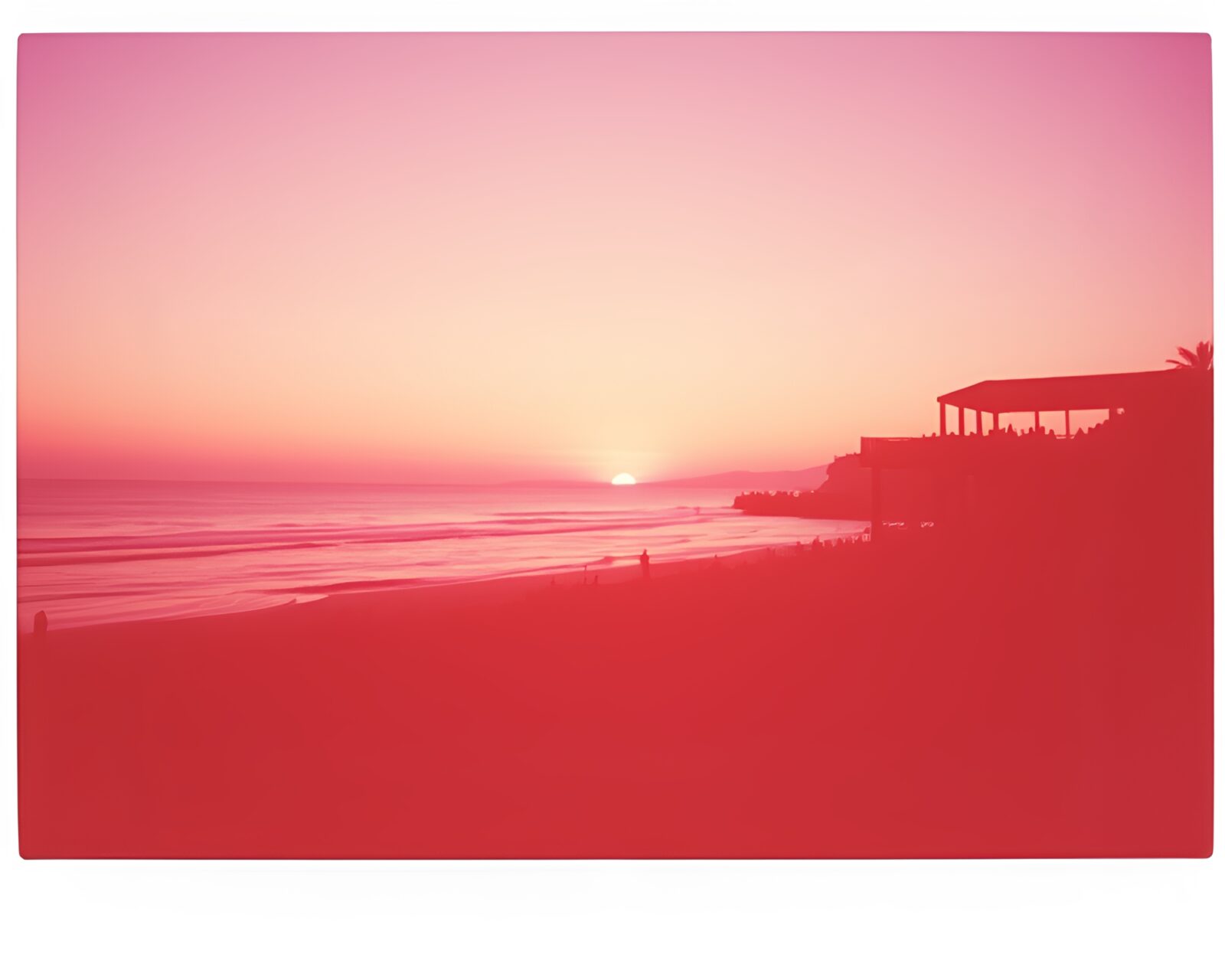 Siren silhouette leading a crowd at dawn in Polaroid