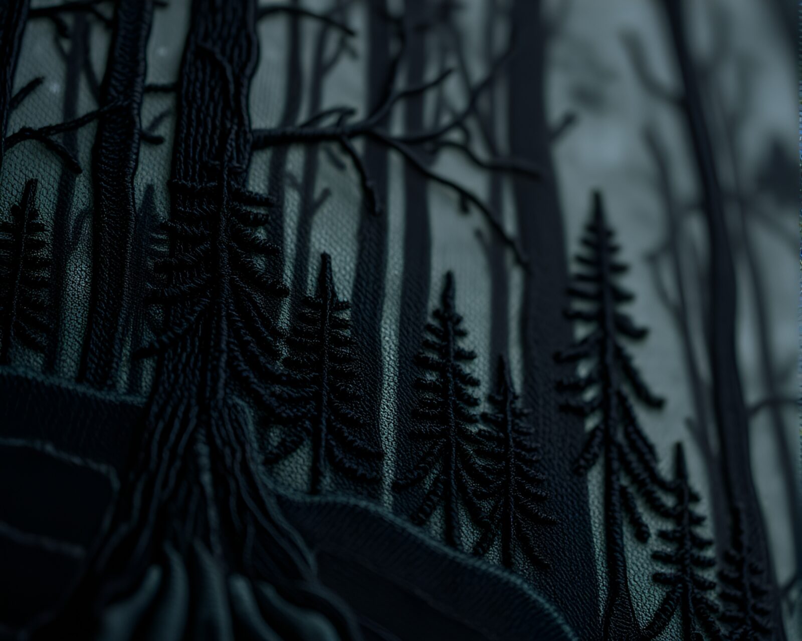 Intricate cybernetic forest embroidery with dramatic lighting