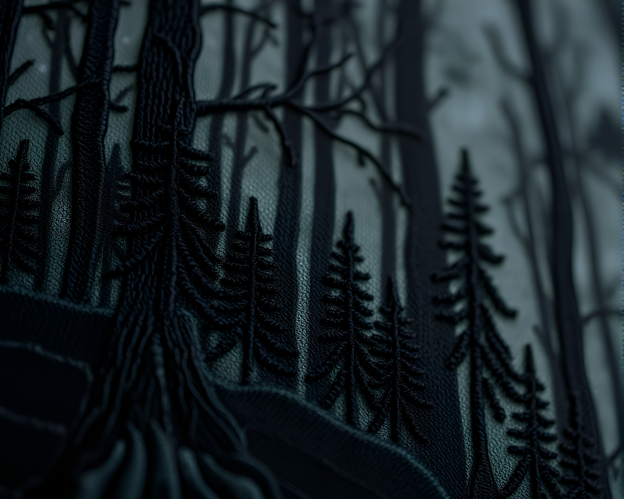 Embroidered Cybernetic Forest in High-Contrast Noir – free AI stock image