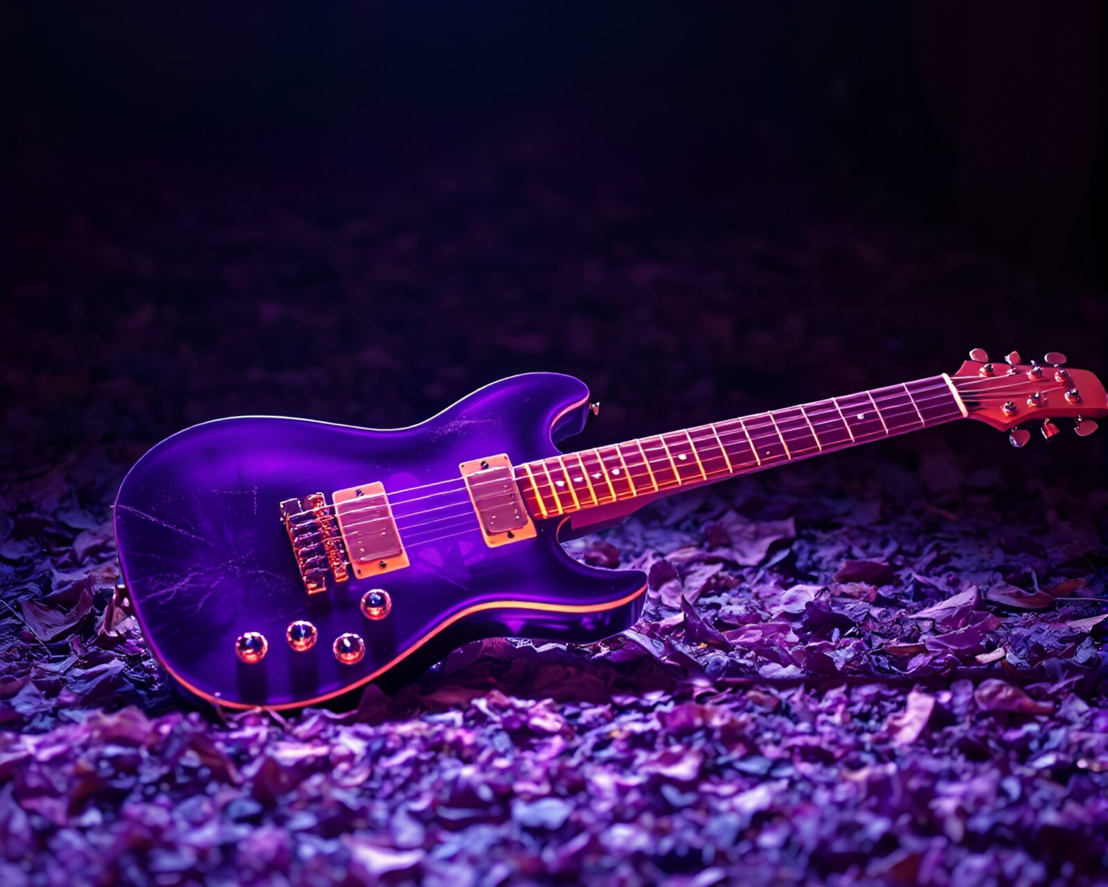 An x-ray style image of a guitar surrounded by purple leaf litter