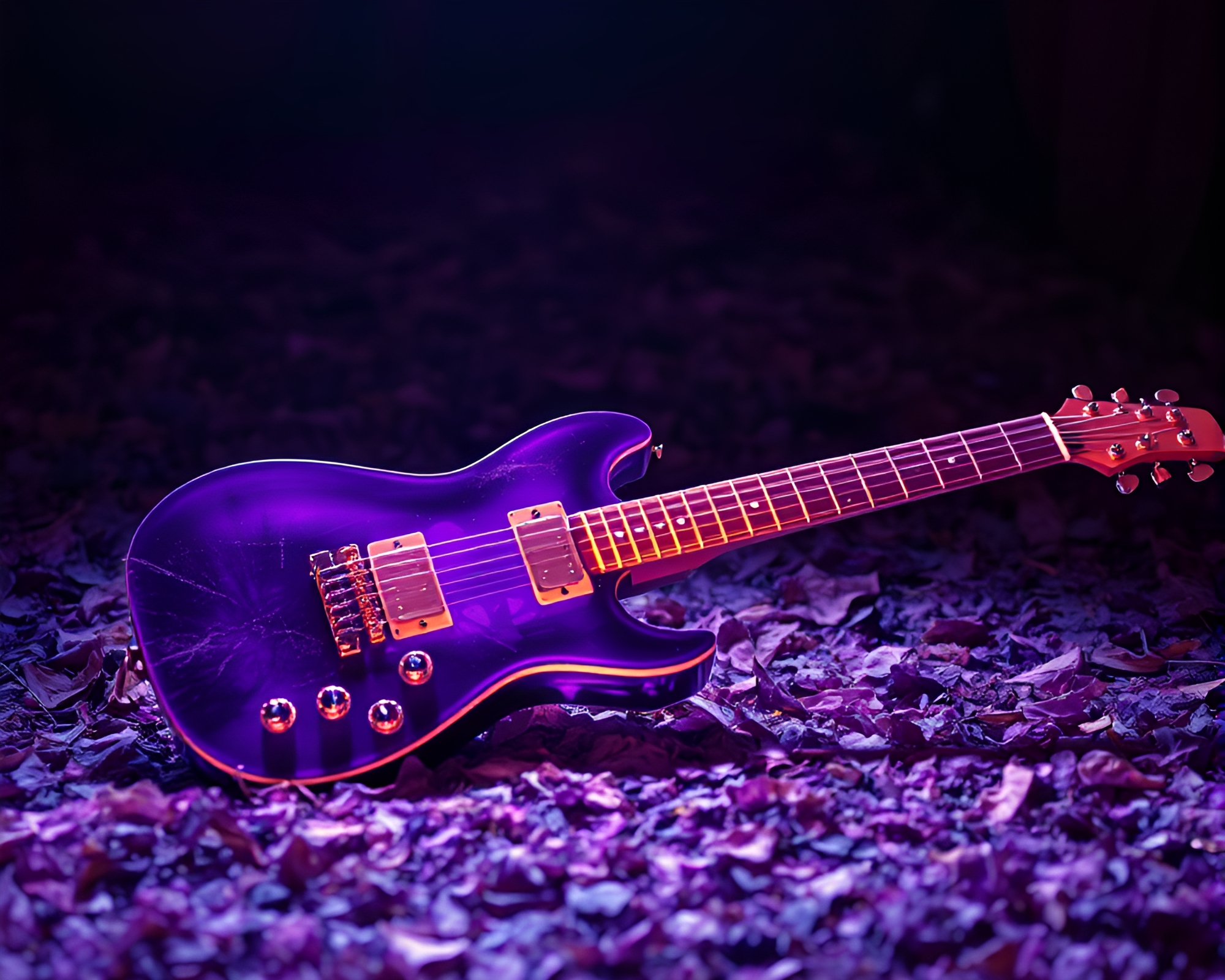 Guitar amongst amethyst-hued leaf litter – free AI stock image