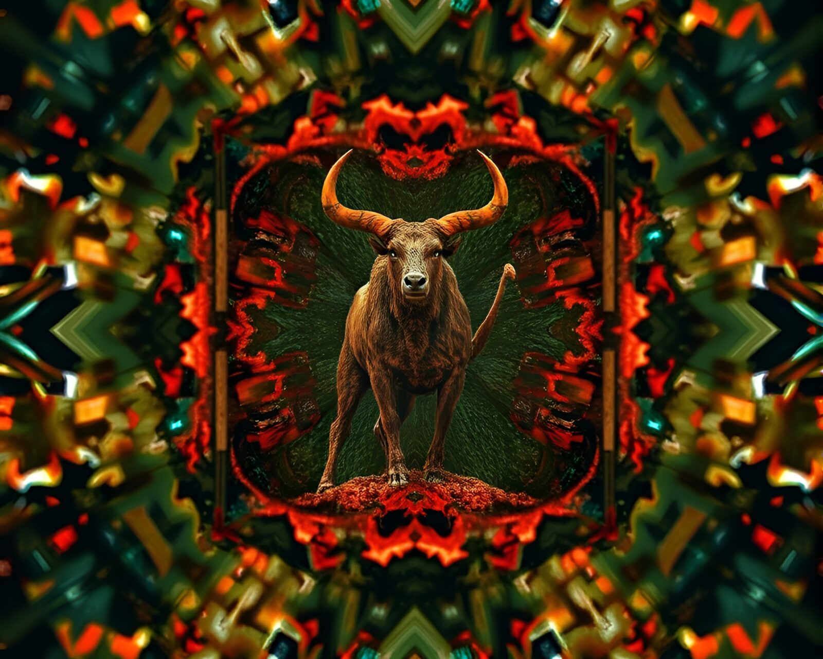 A kaleidoscope-like image with a Minotaur framed within frames