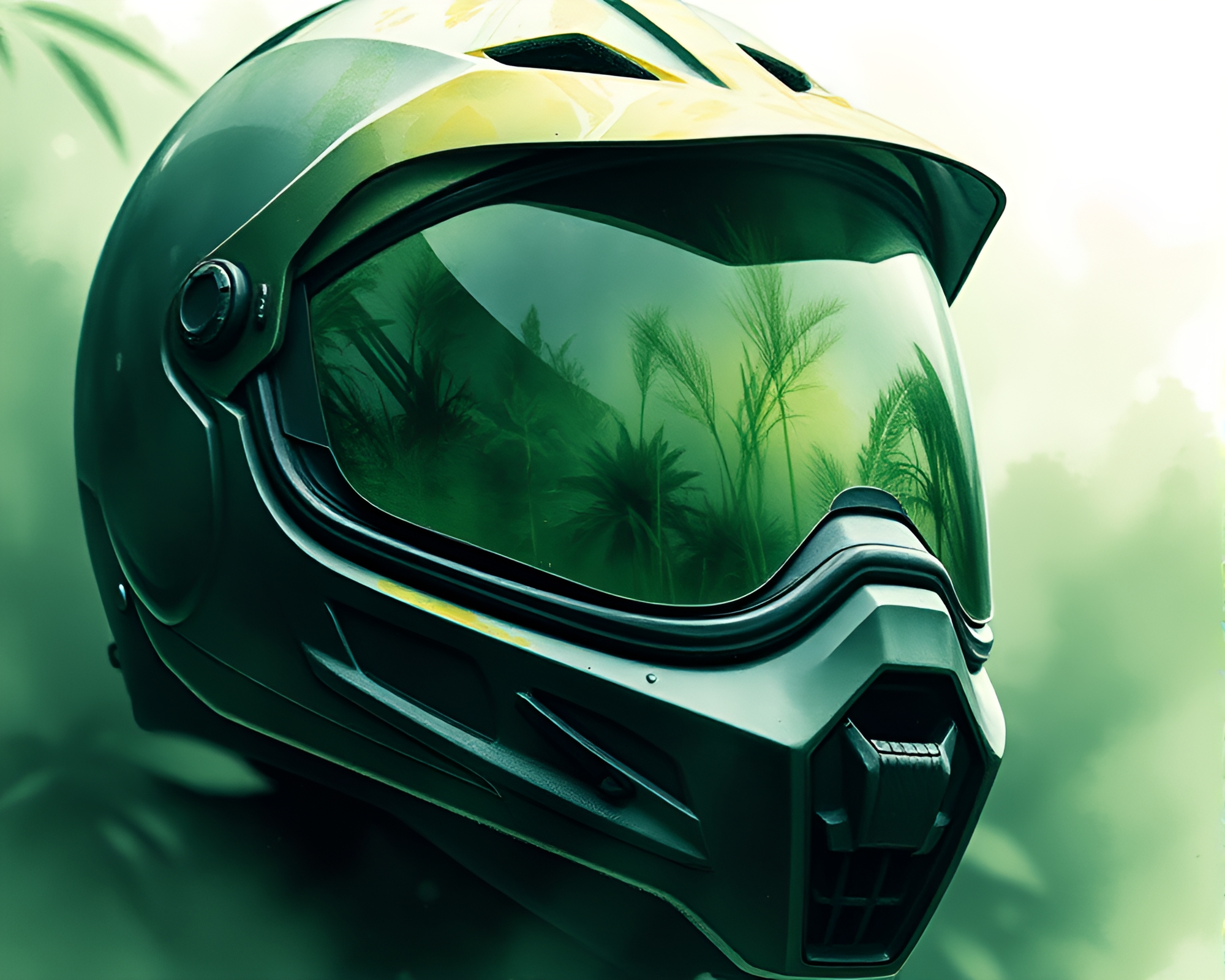 Helmet Close-Up in Green Haze Watercolor Painting – free AI stock image