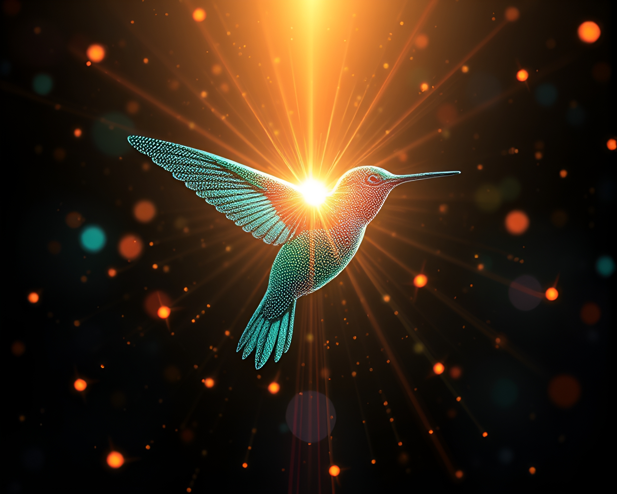 Futuristic Pointillist Hummingbird in God Rays – free AI stock image