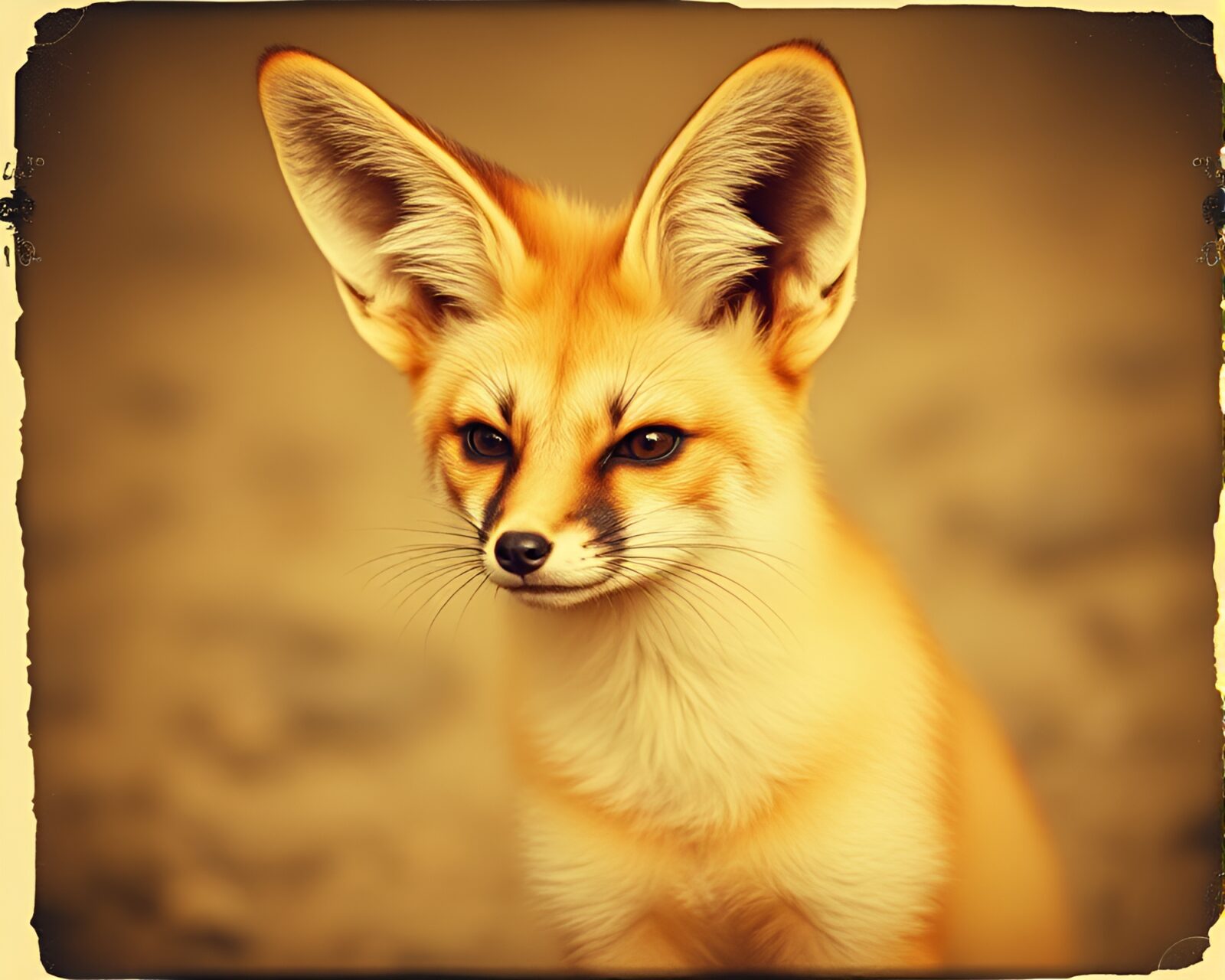 Fennec fox in glitchy vintage polaroid style with sepia tones