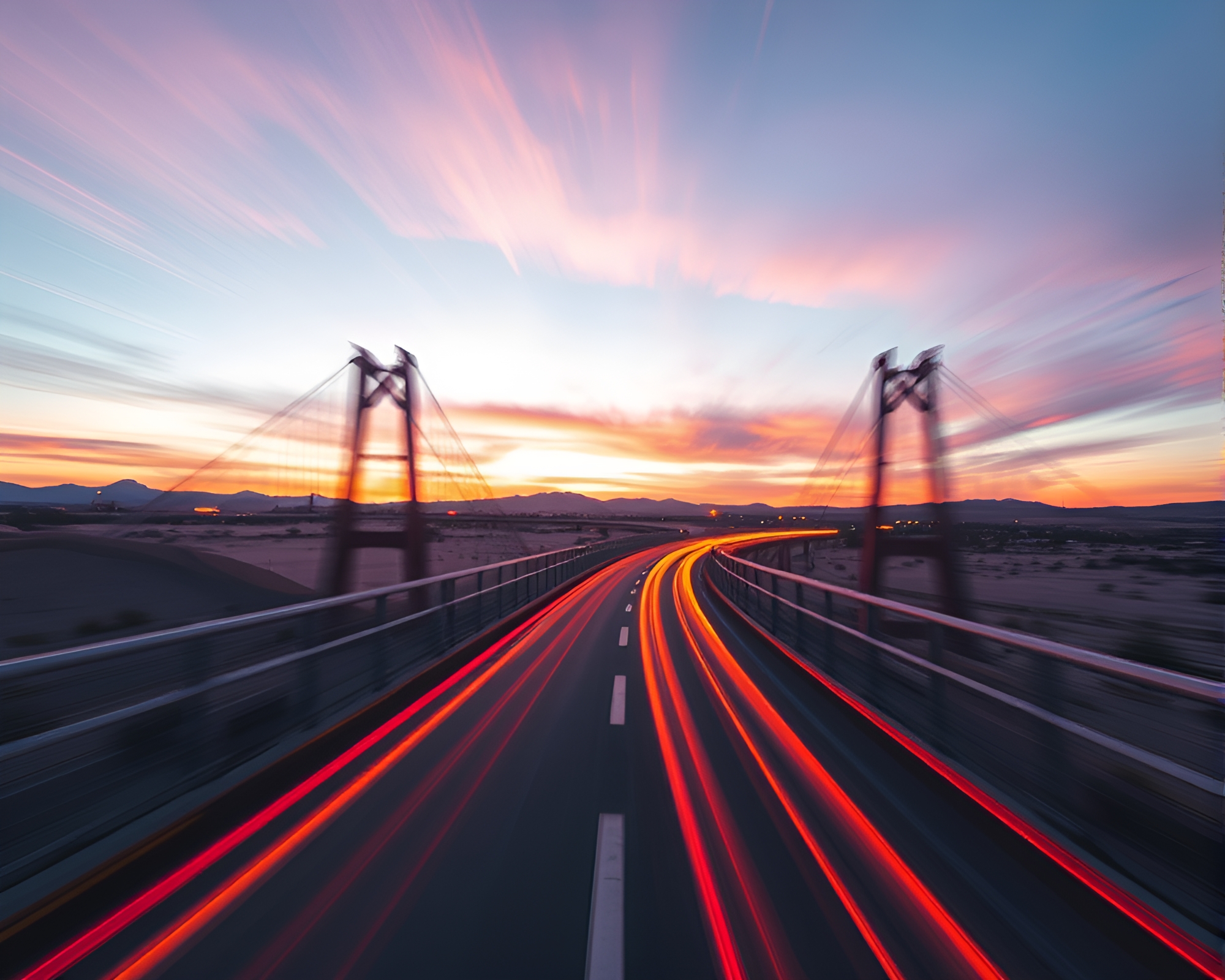 Dynamic Bridge Motion Blur Sunset Spotlight Scene – free AI stock image