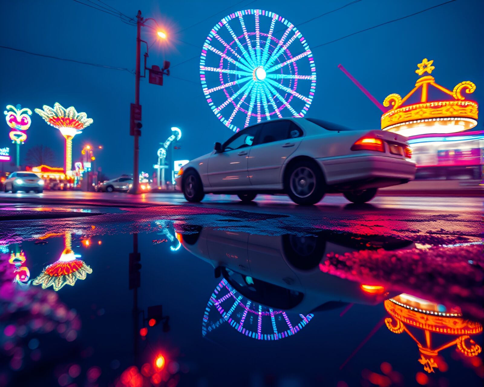 Puddle reflecting neon-lit flying car at carnival