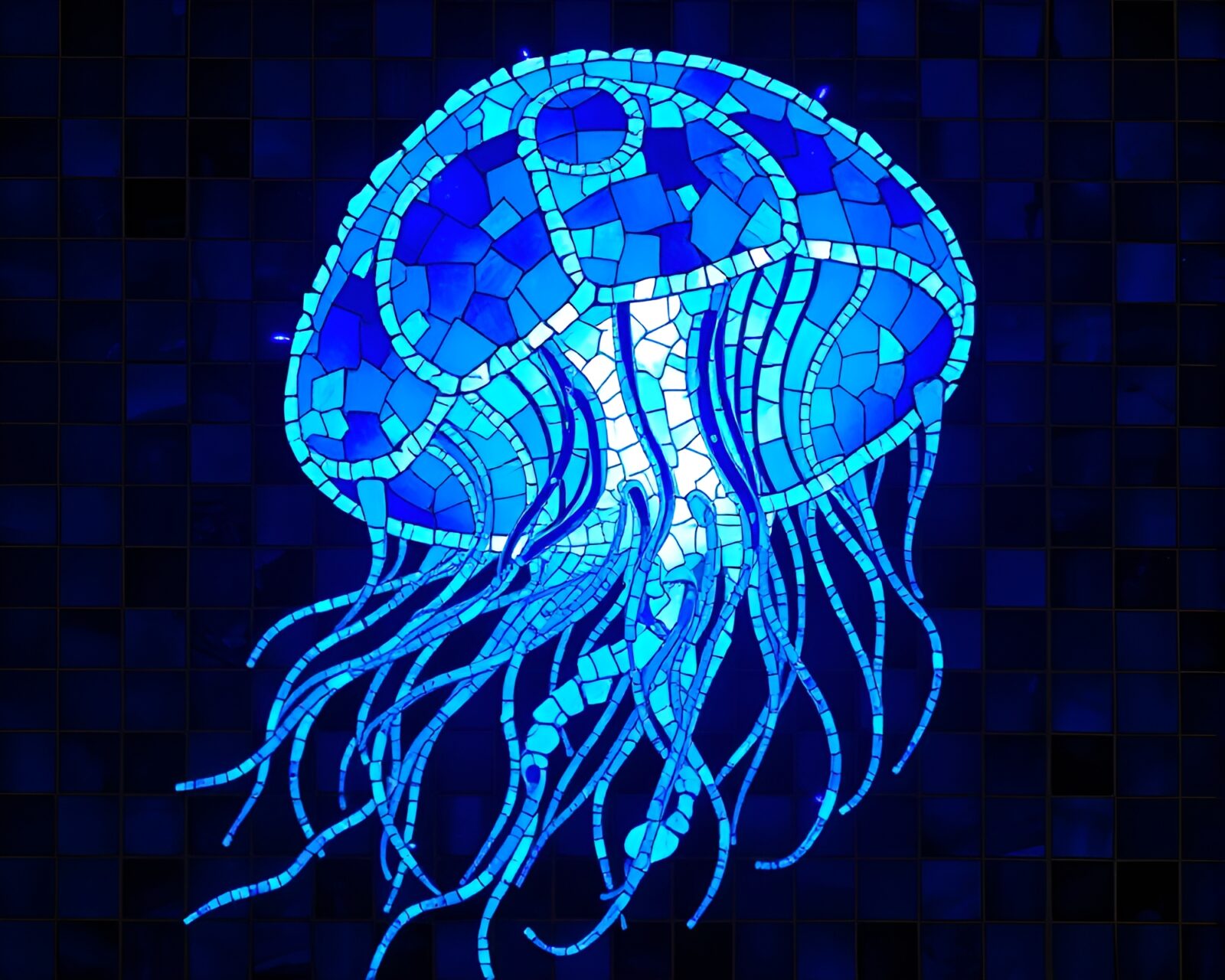 Bioluminescent jellyfish in tiled cobalt blue mosaic with grainy texture