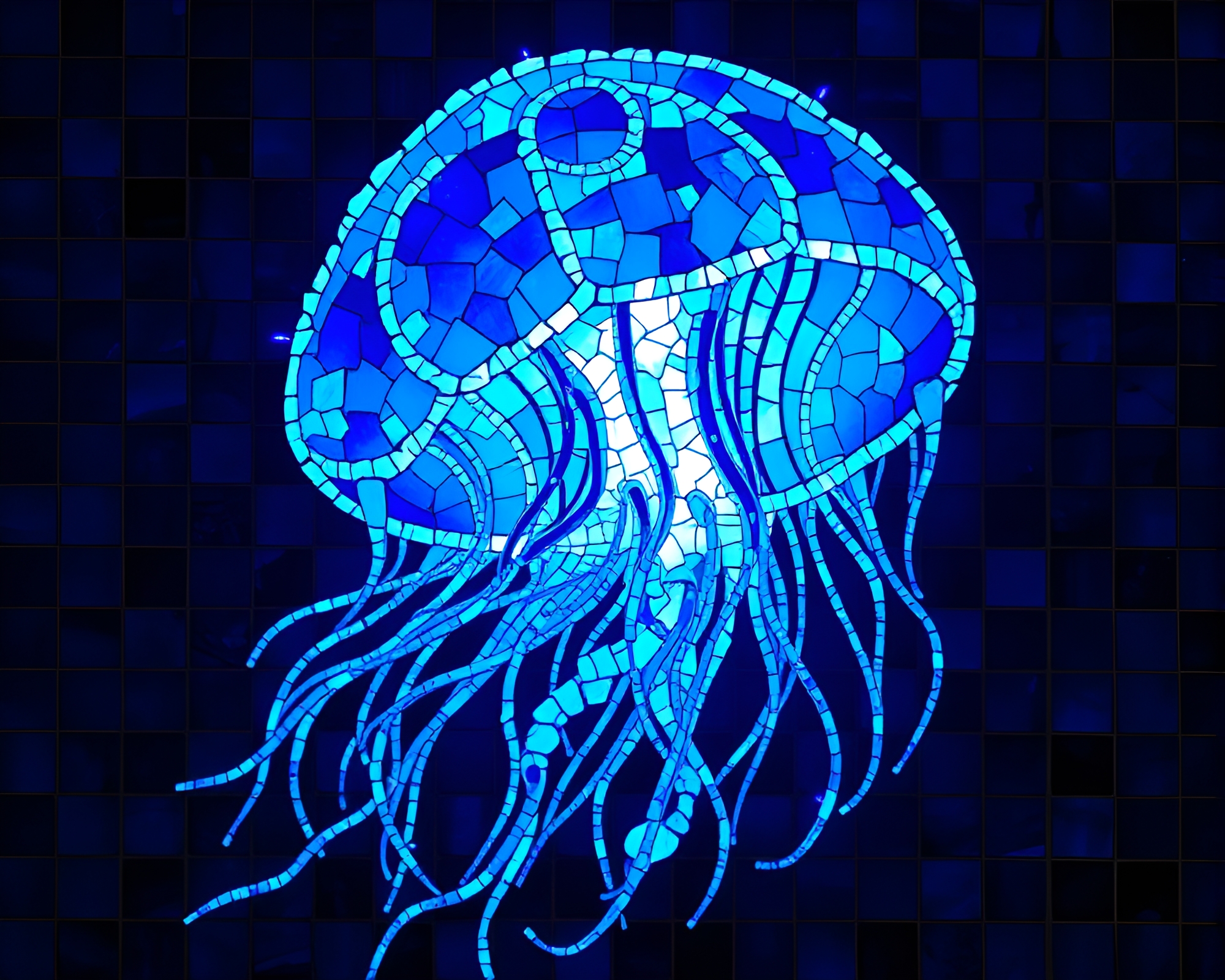 Bioluminescent Jellyfish Array in Cobalt Blue Mosaic – free AI stock image