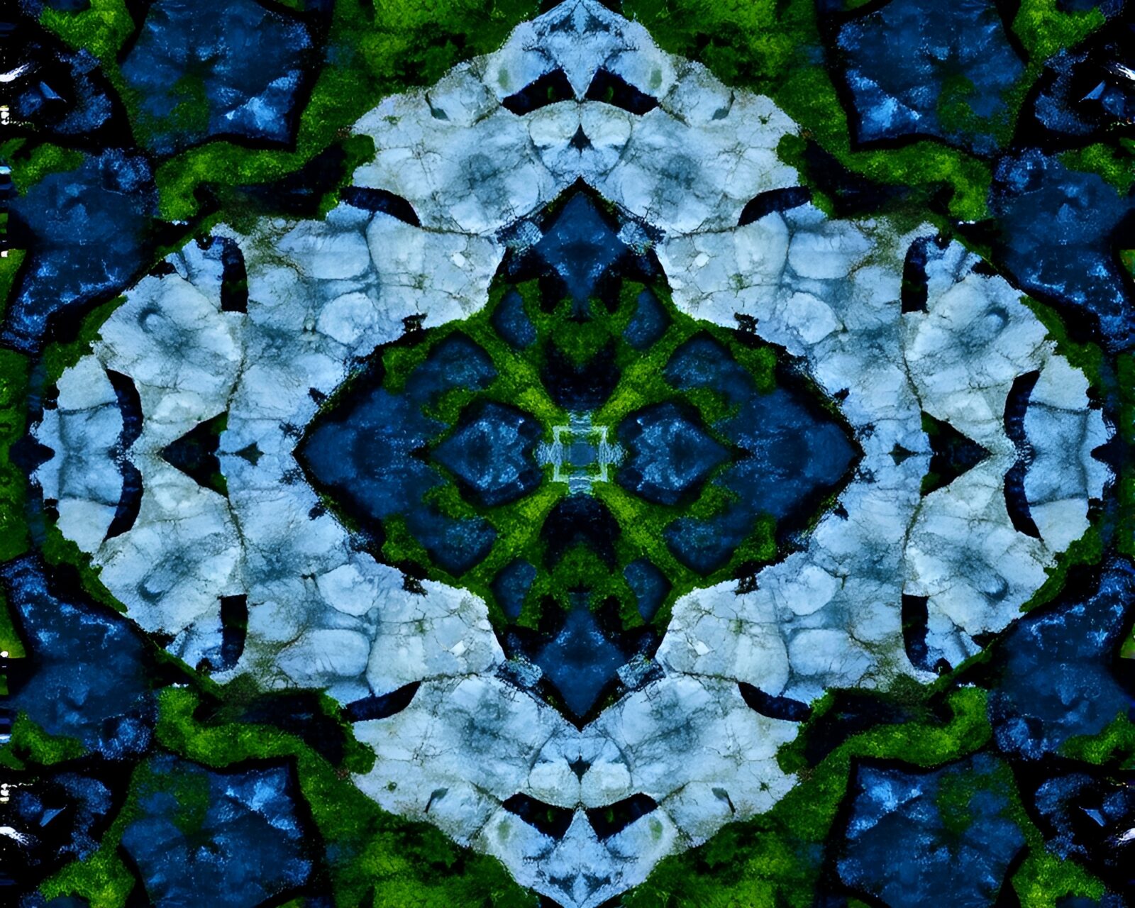 Indigo-lit mossy rock reflecting in a mirror mosaic pattern