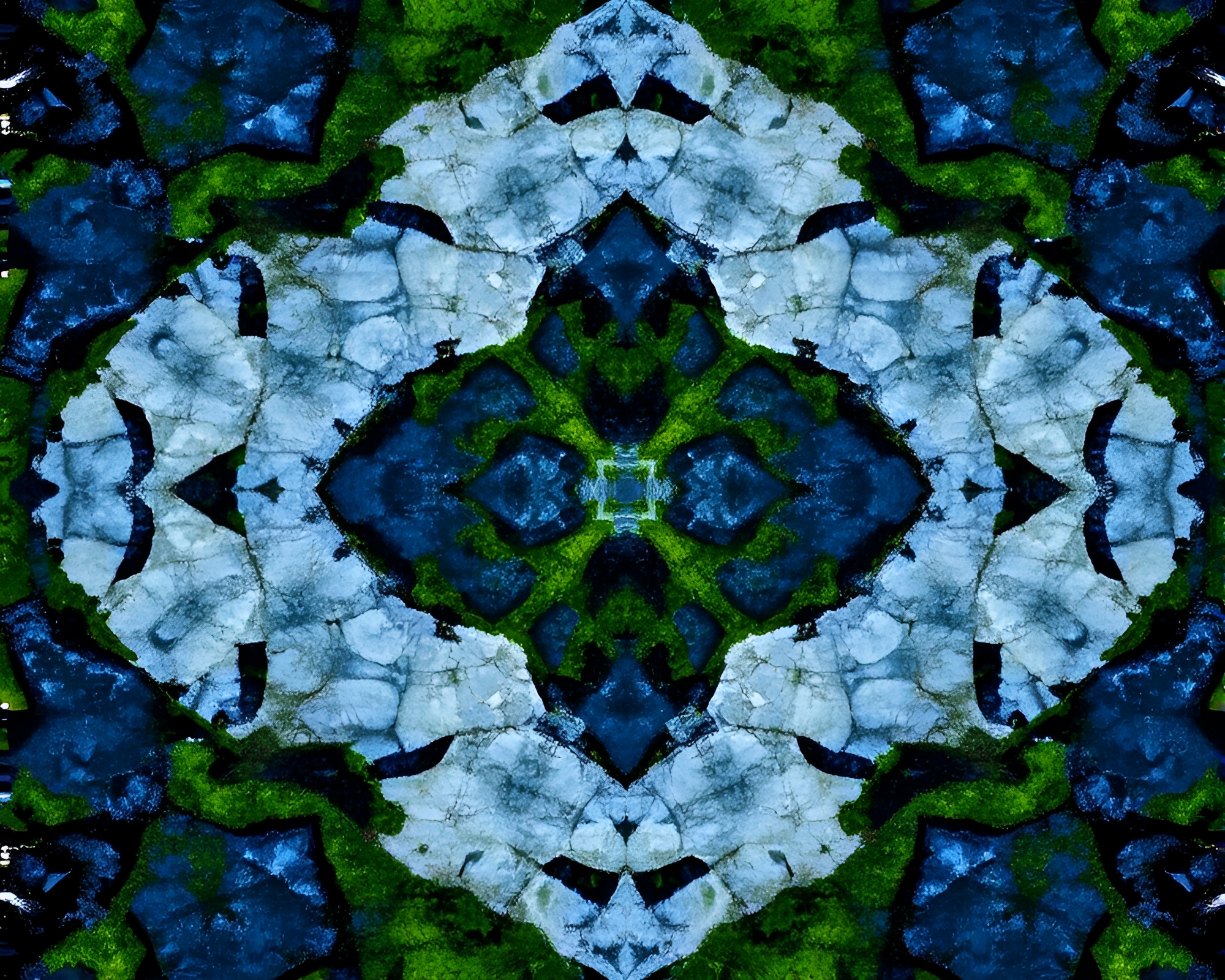 Mystical Moss-Covered Rock in Mosaic Symmetry – free AI stock image