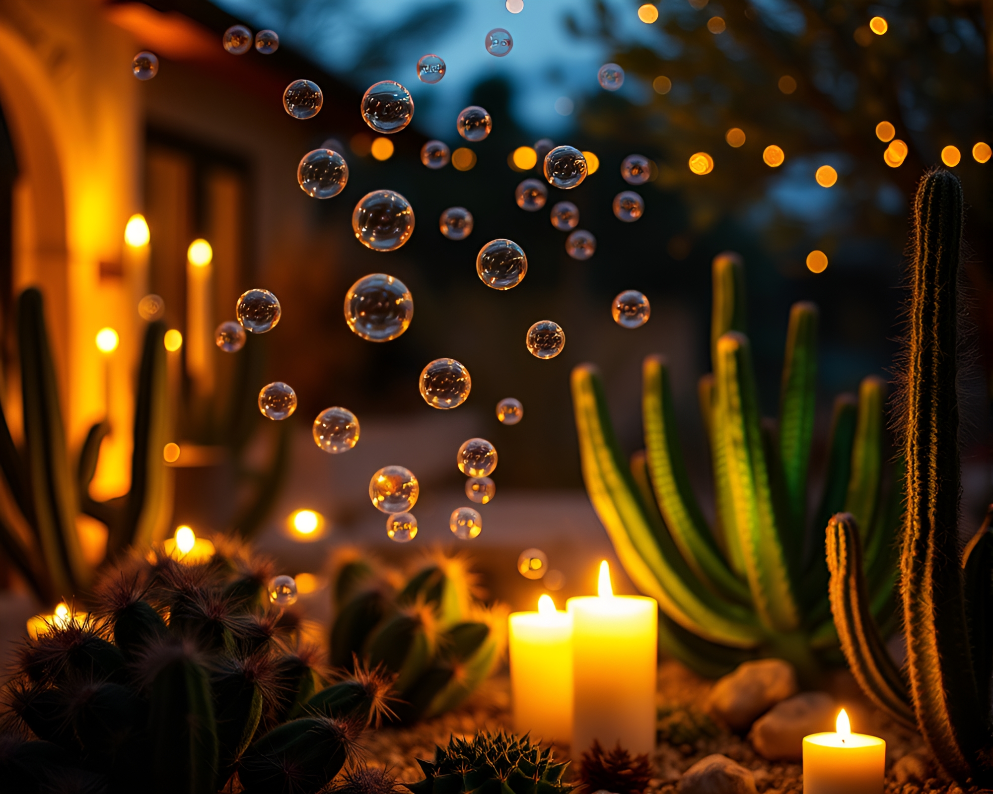 Candlelit Cactus Calligraphy with Bubble Clusters – free AI stock image