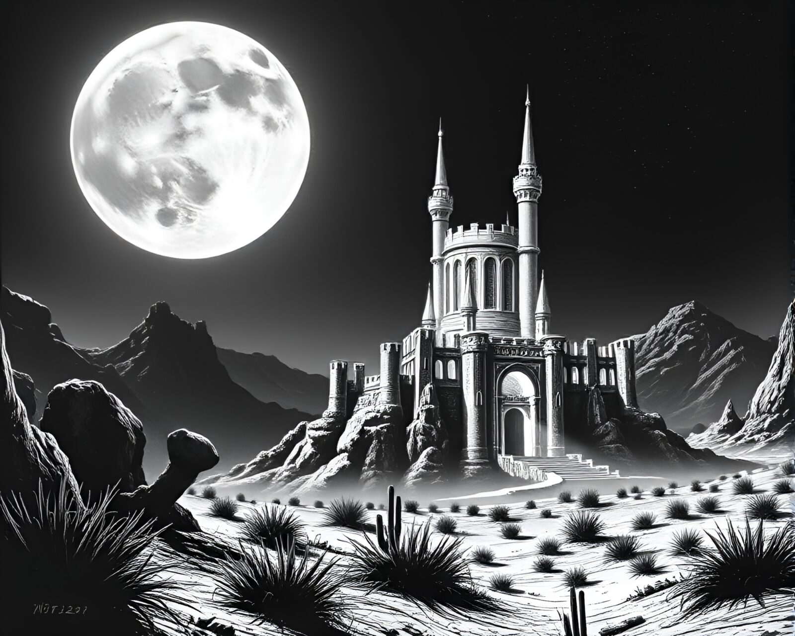 Deserted castle shrouded in eerie grayscale neon lighting