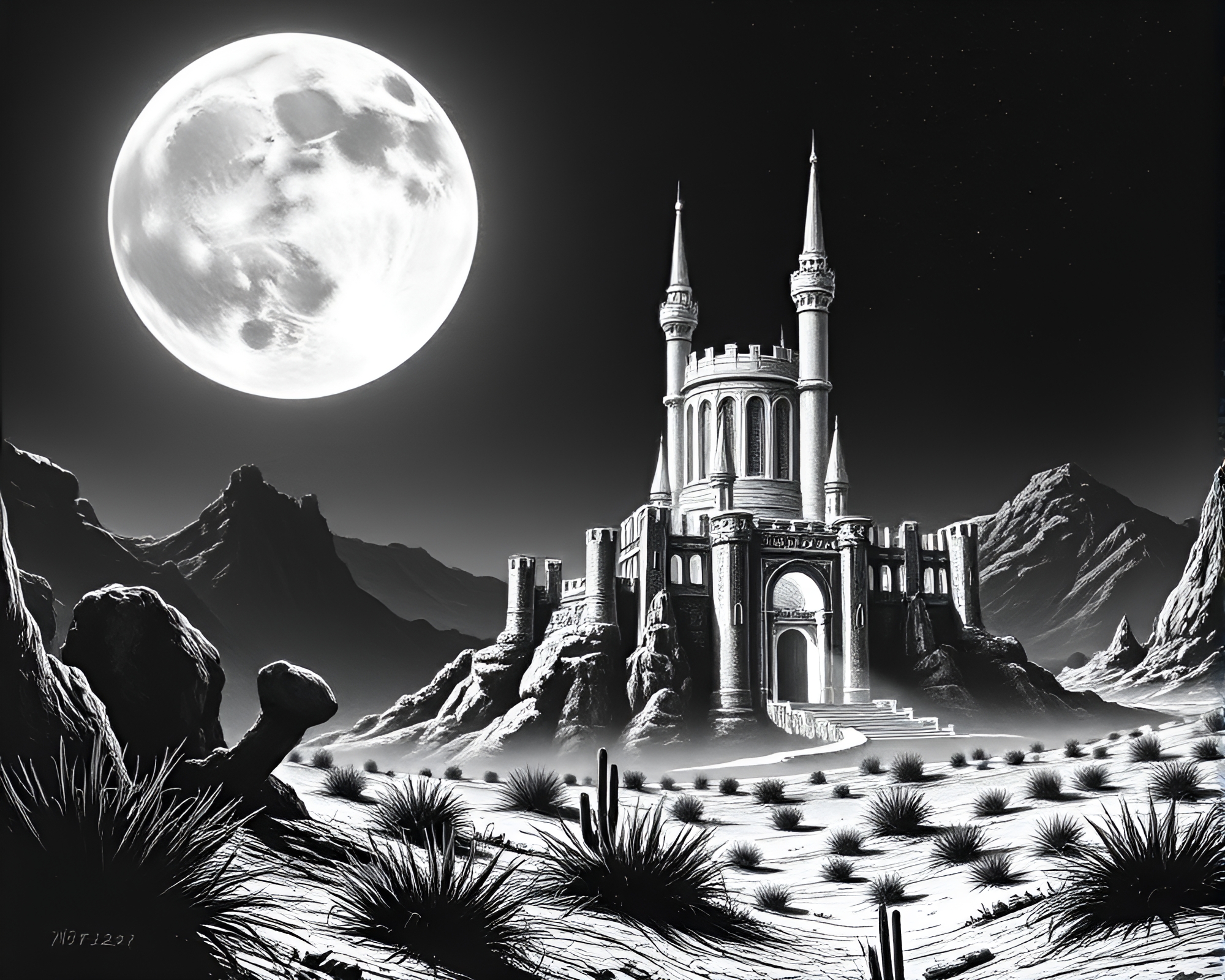 Lunar Grayscale Neon Castle Woodcut Print – free AI stock image