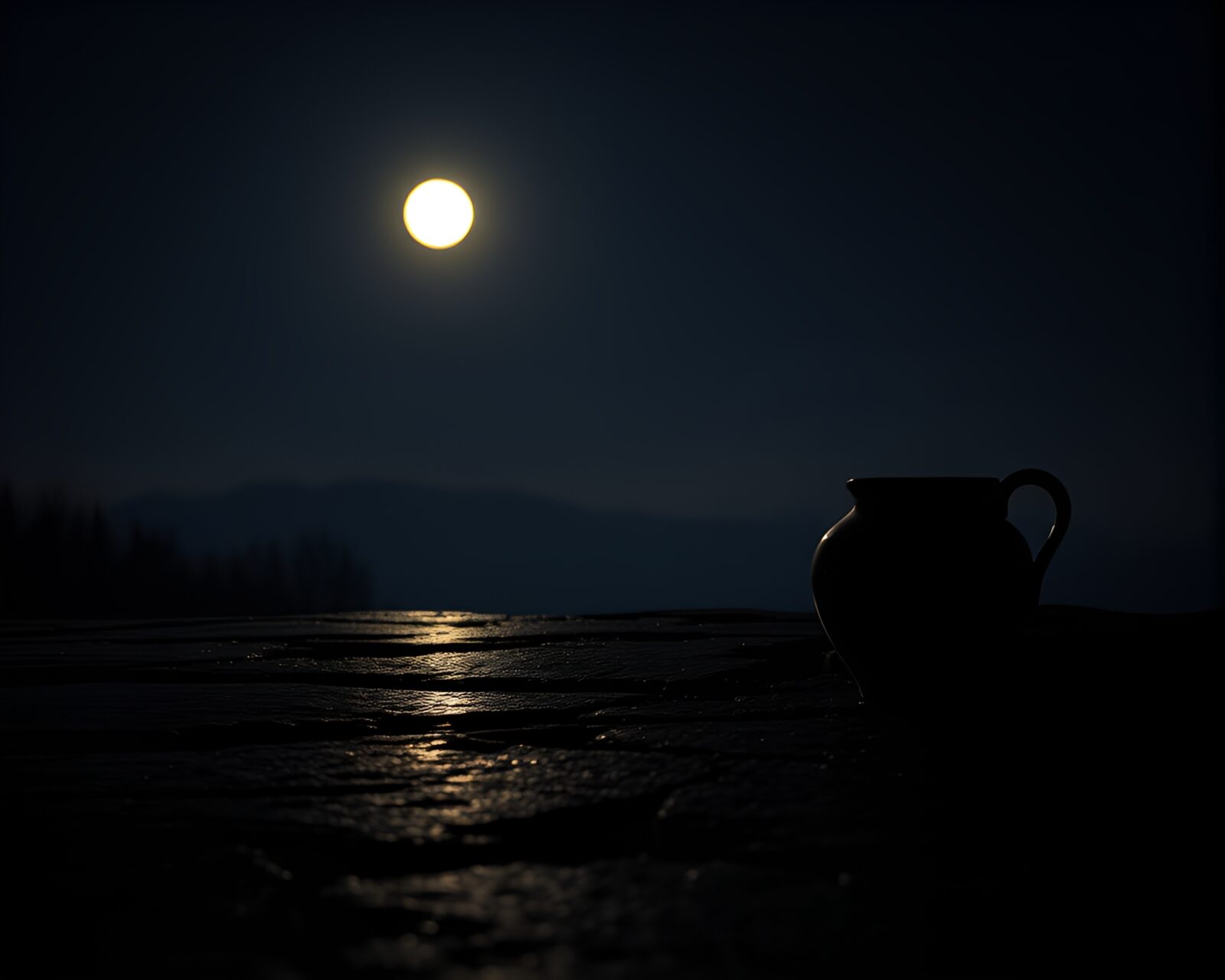 Moonlight shining on rustic pottery silhouetted against water