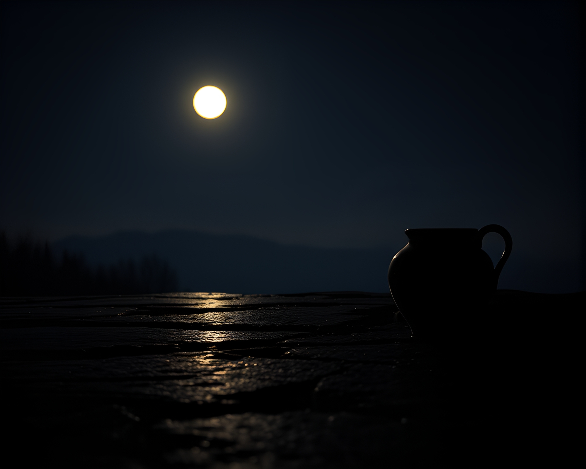 Moonlit Rustic Pottery Reflected Silhouette – free AI stock image
