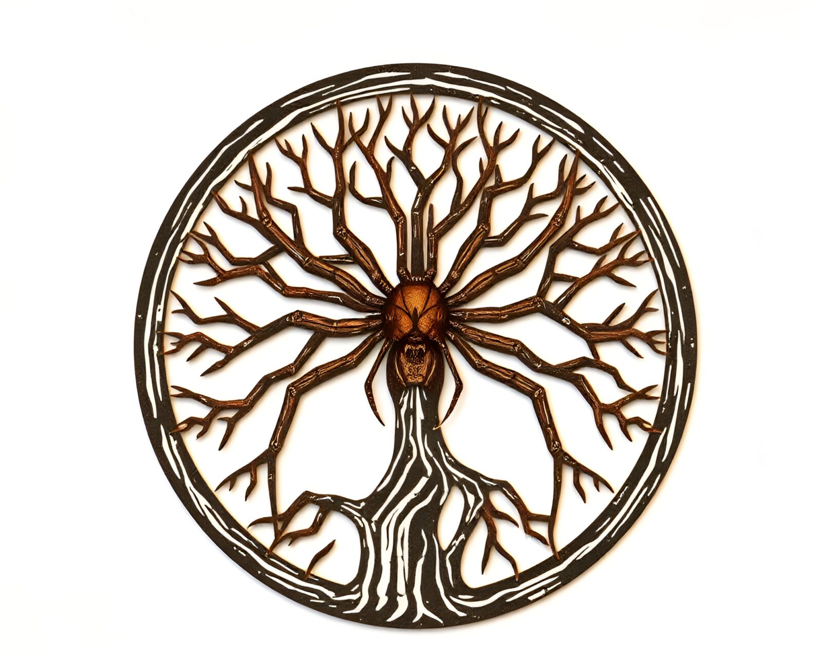 Intricate mechanical spider on tree ring background with retro scanlines