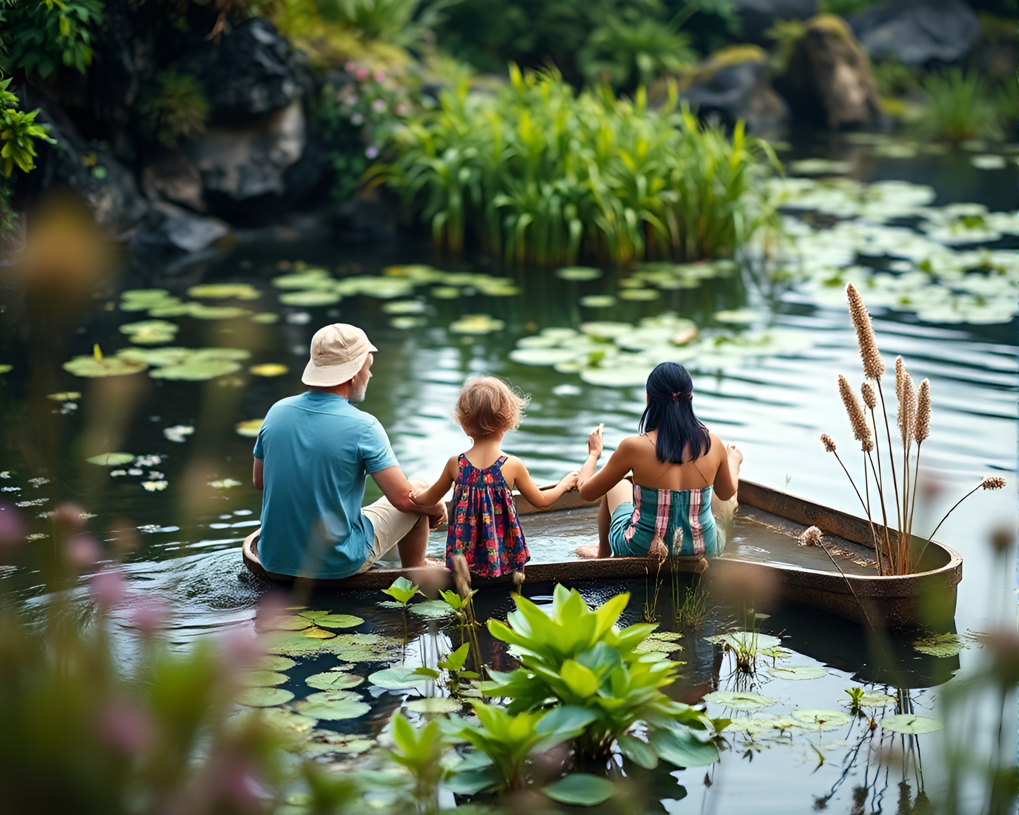 Family Watering Plants from High-Angle Bokeh View – free AI stock image