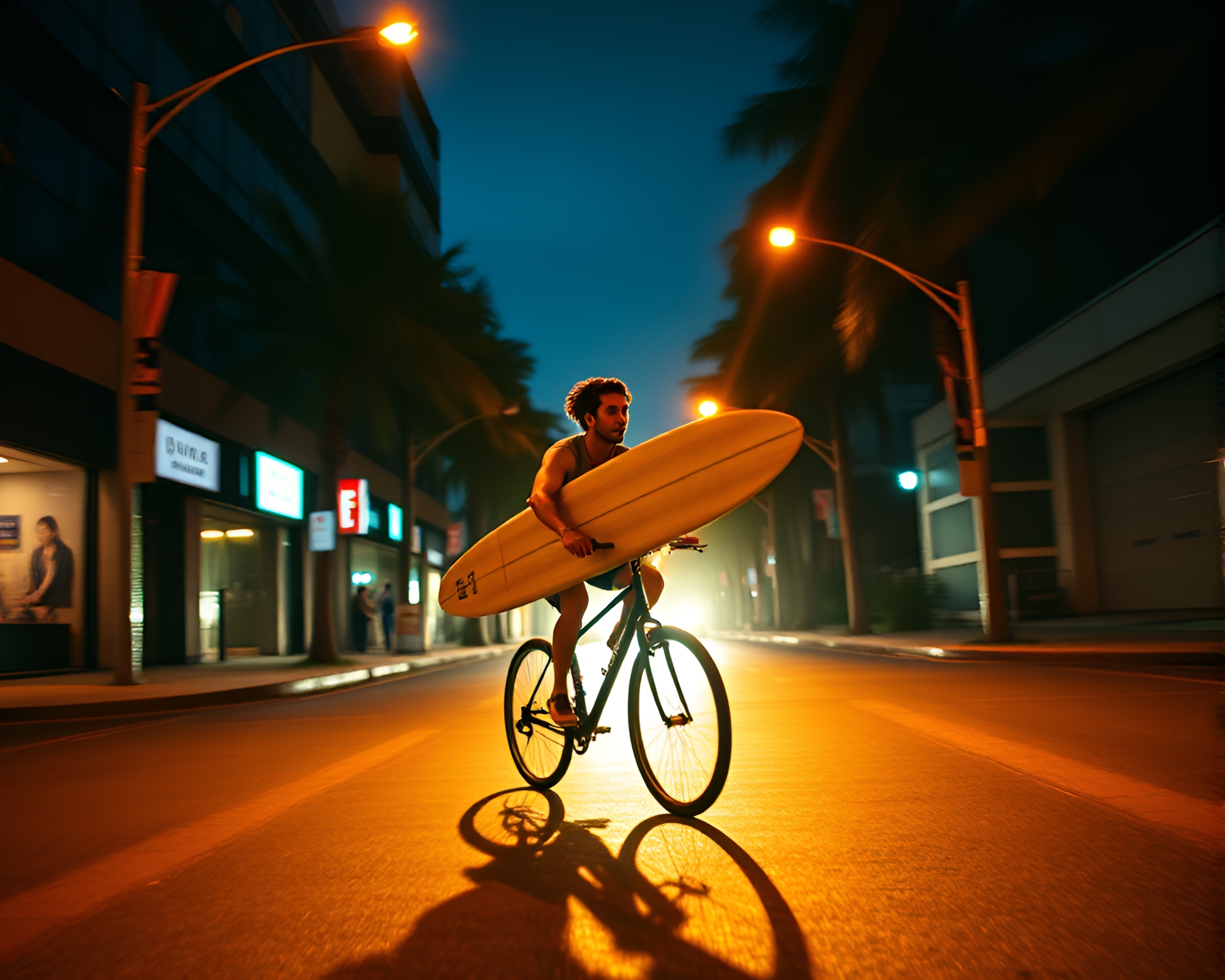 Surfer on Bicycle: Dramatic Rim Lighting Street Photography – free AI stock image
