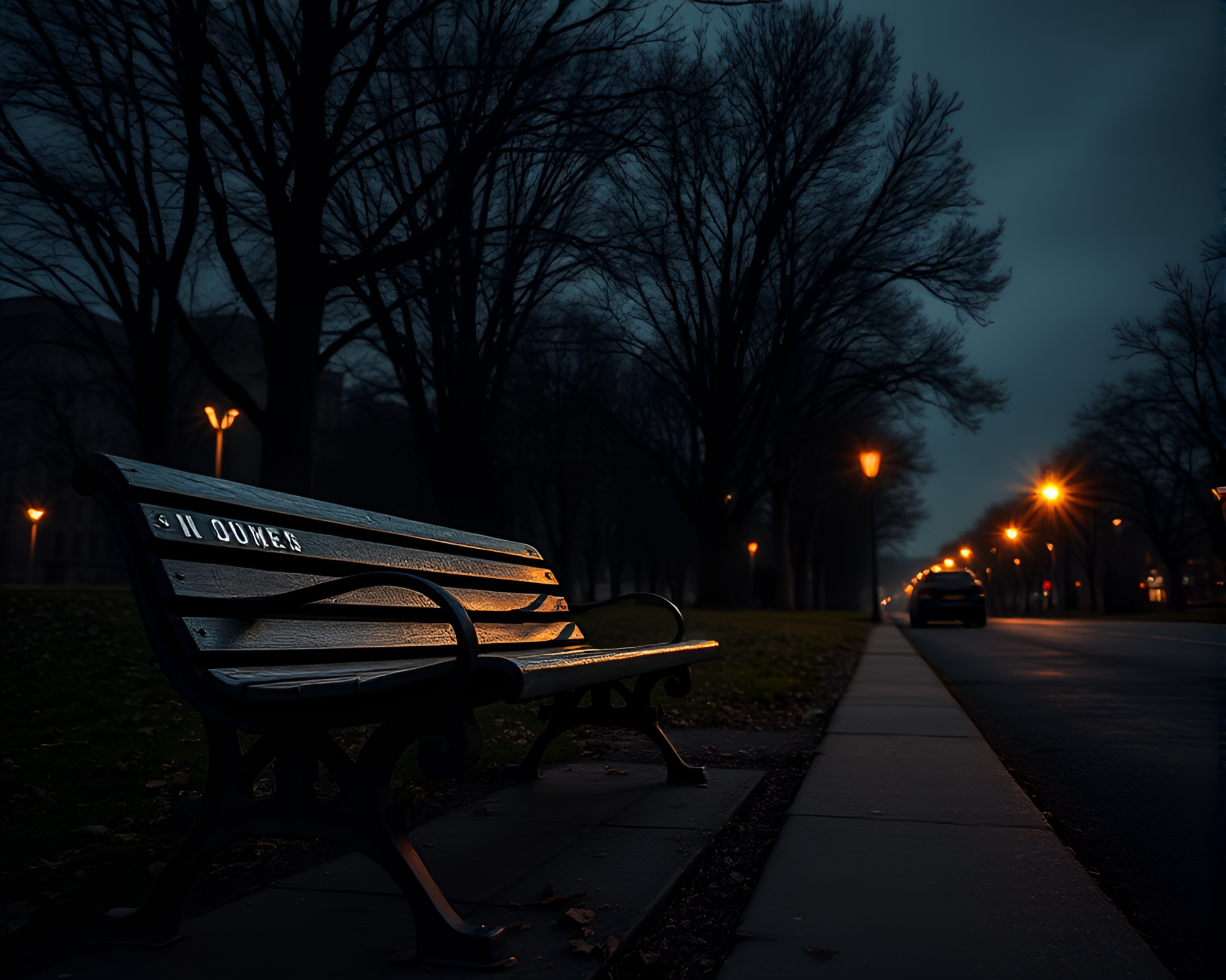 Starry Park Bench in Moody Architectural Silence – free AI stock image