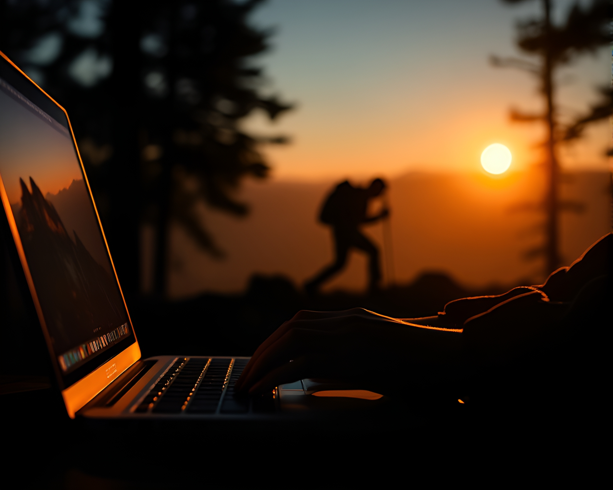 Hiker’s Silhouette Typing on Laptop in Vibrant Light – free AI stock image