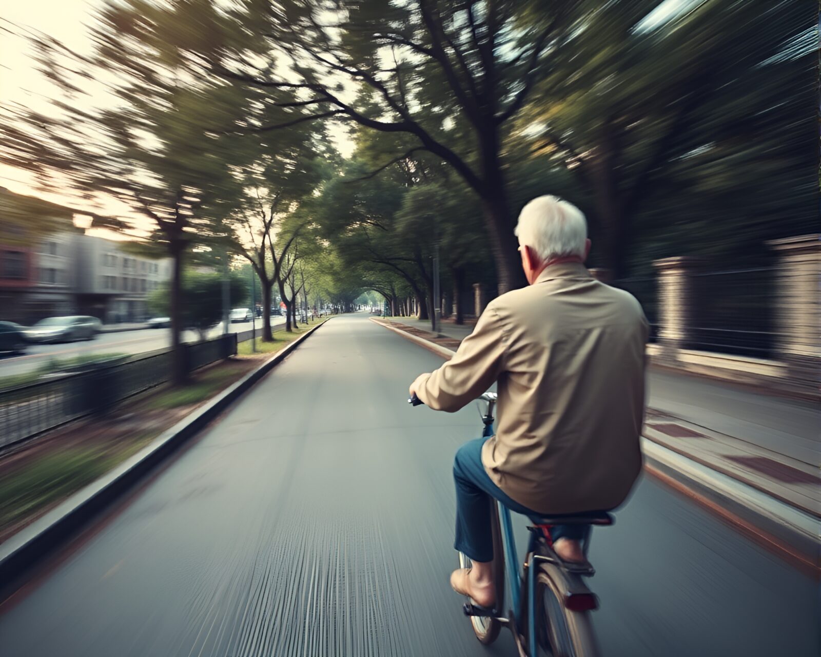 Softly blurred image of elderly person cycling in vintage style