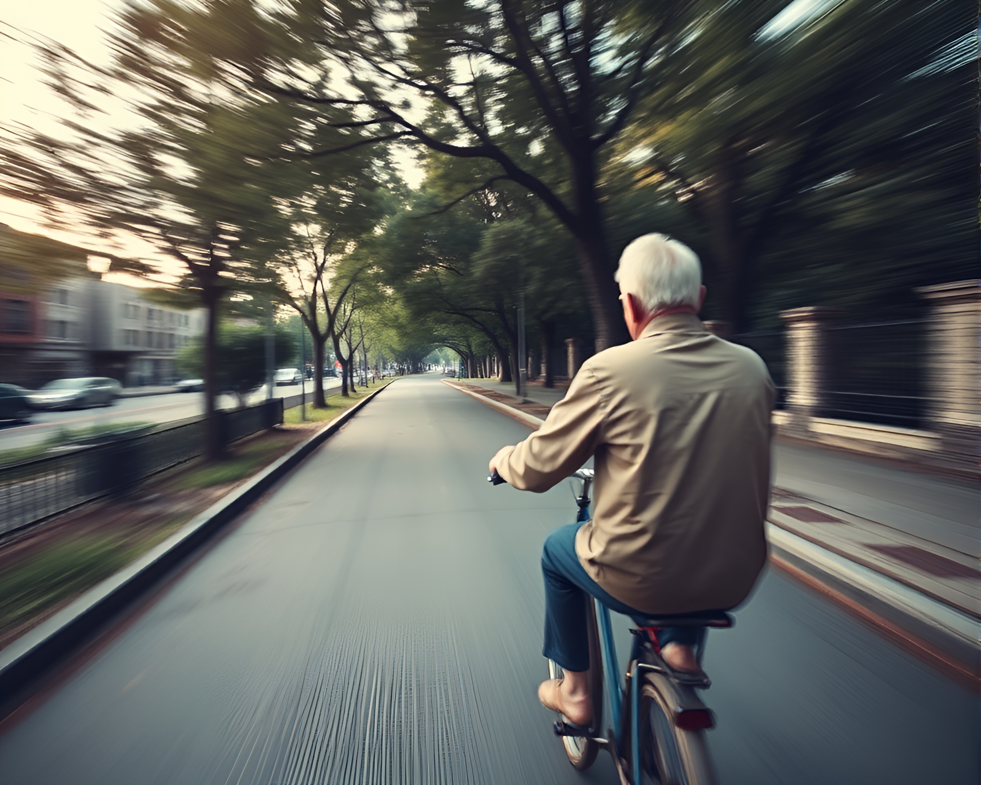 Vintage Elderly Person Cycling with Blur Effect – free AI stock image