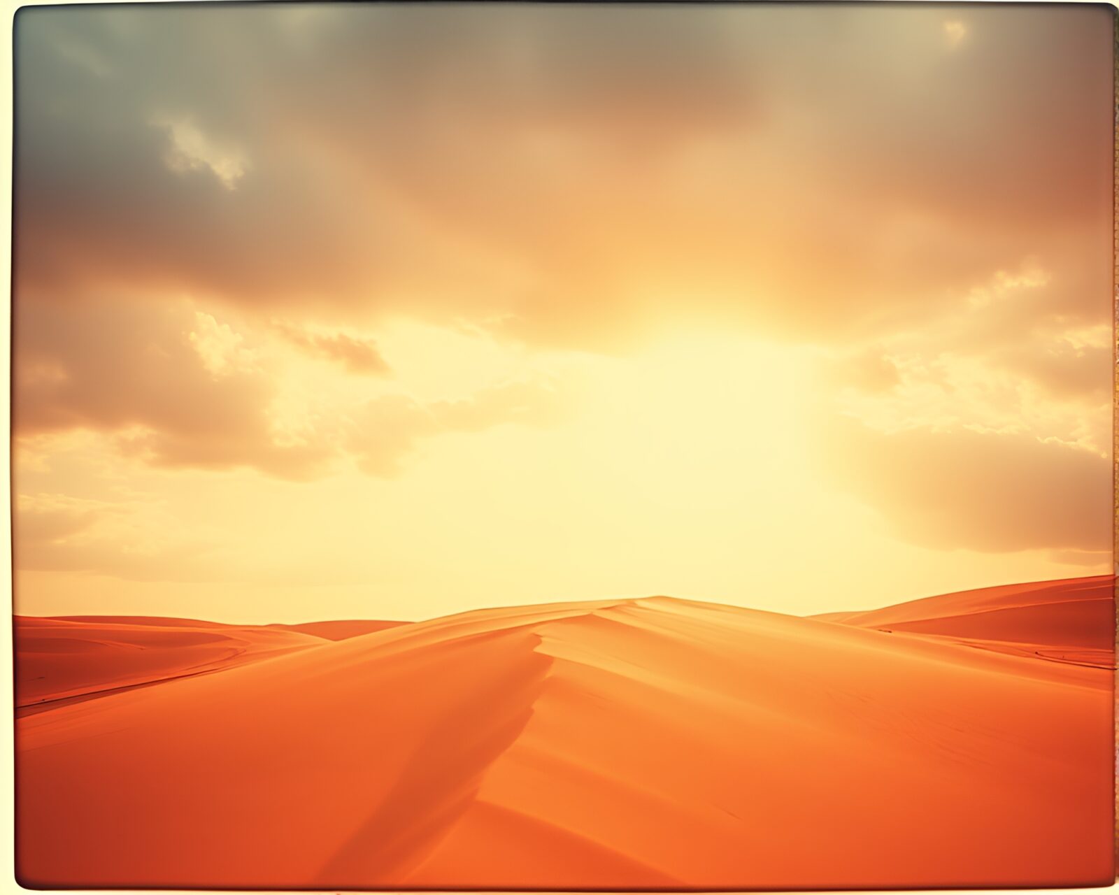 Polaroid-style vibrant desert scene with dark silhouettes