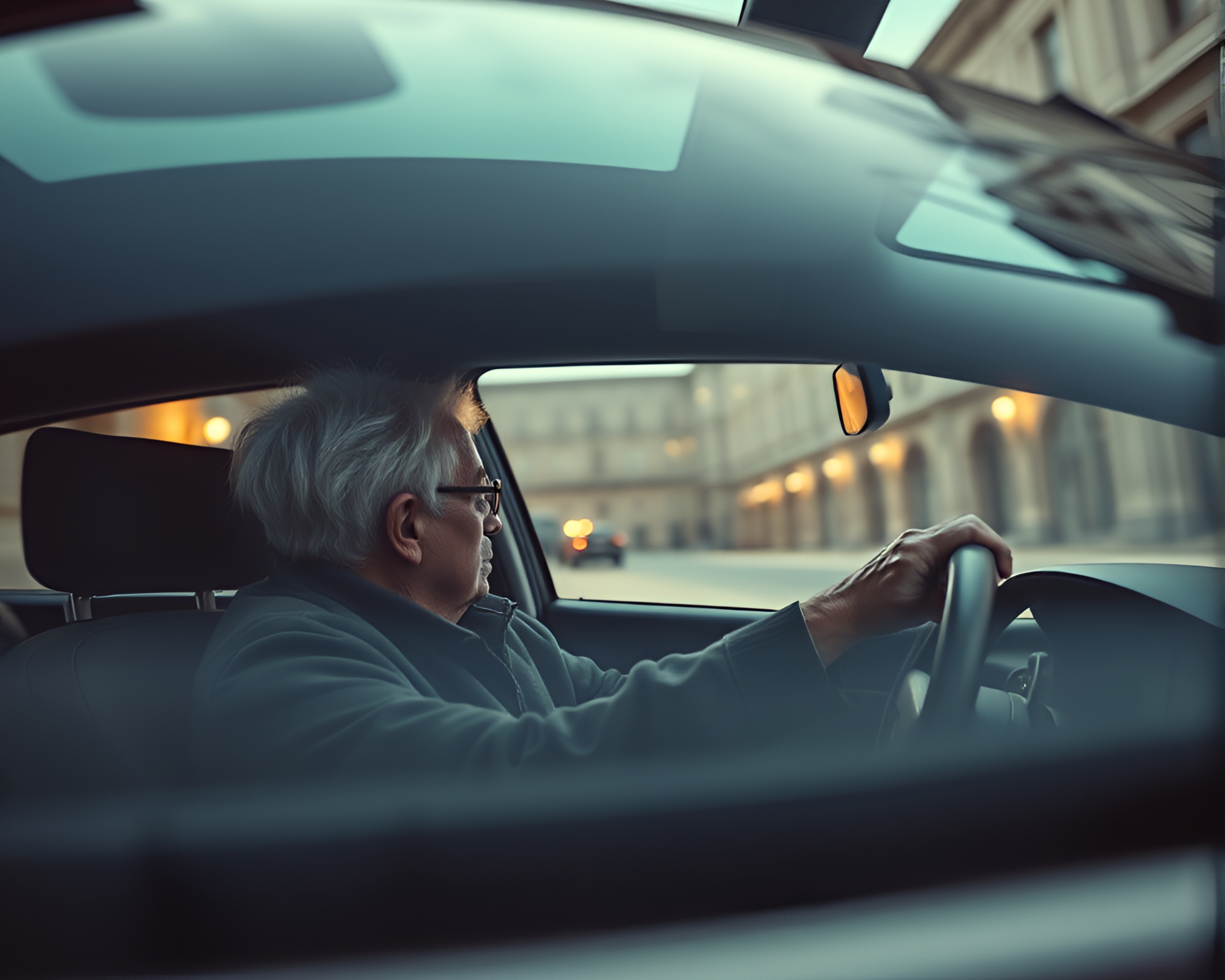 Elderly driving through urban reflections: HDR architecture – free AI stock image