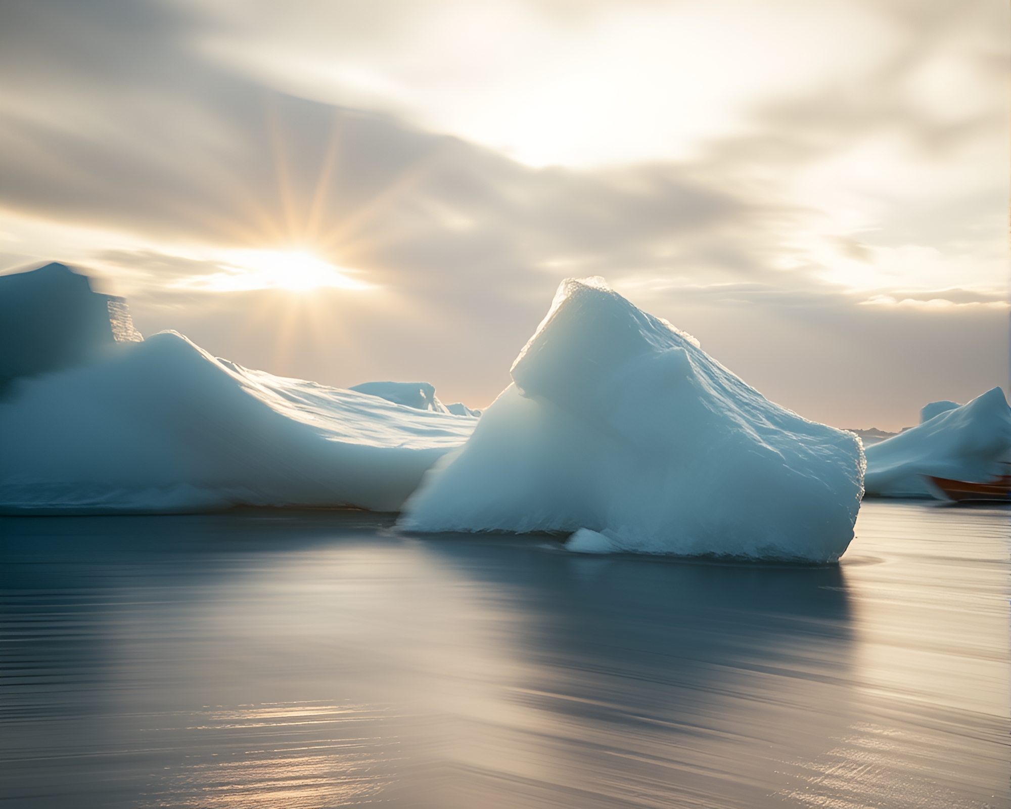 Sunlit Iceberg Edge: Rainy Long Exposure Photography – free AI stock image