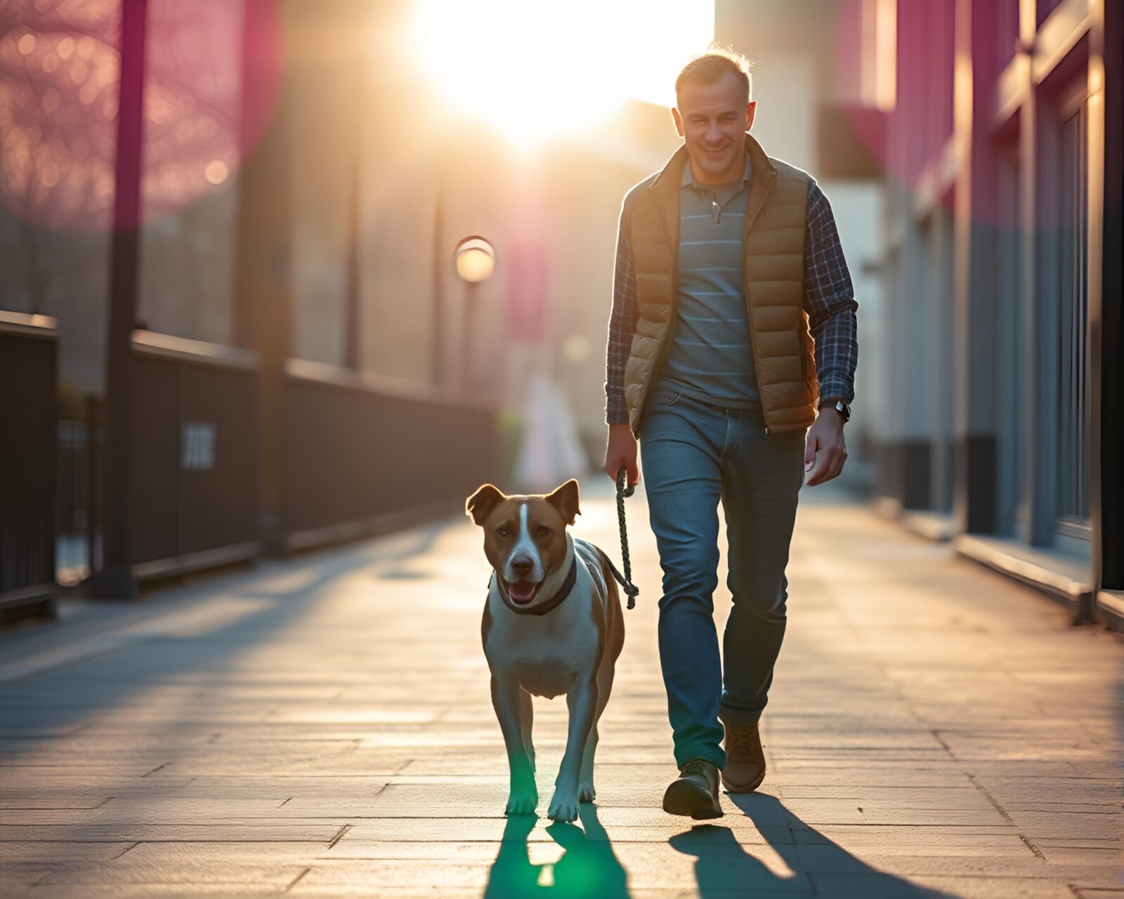 Silhouette of man walking dog on colorful sunset background