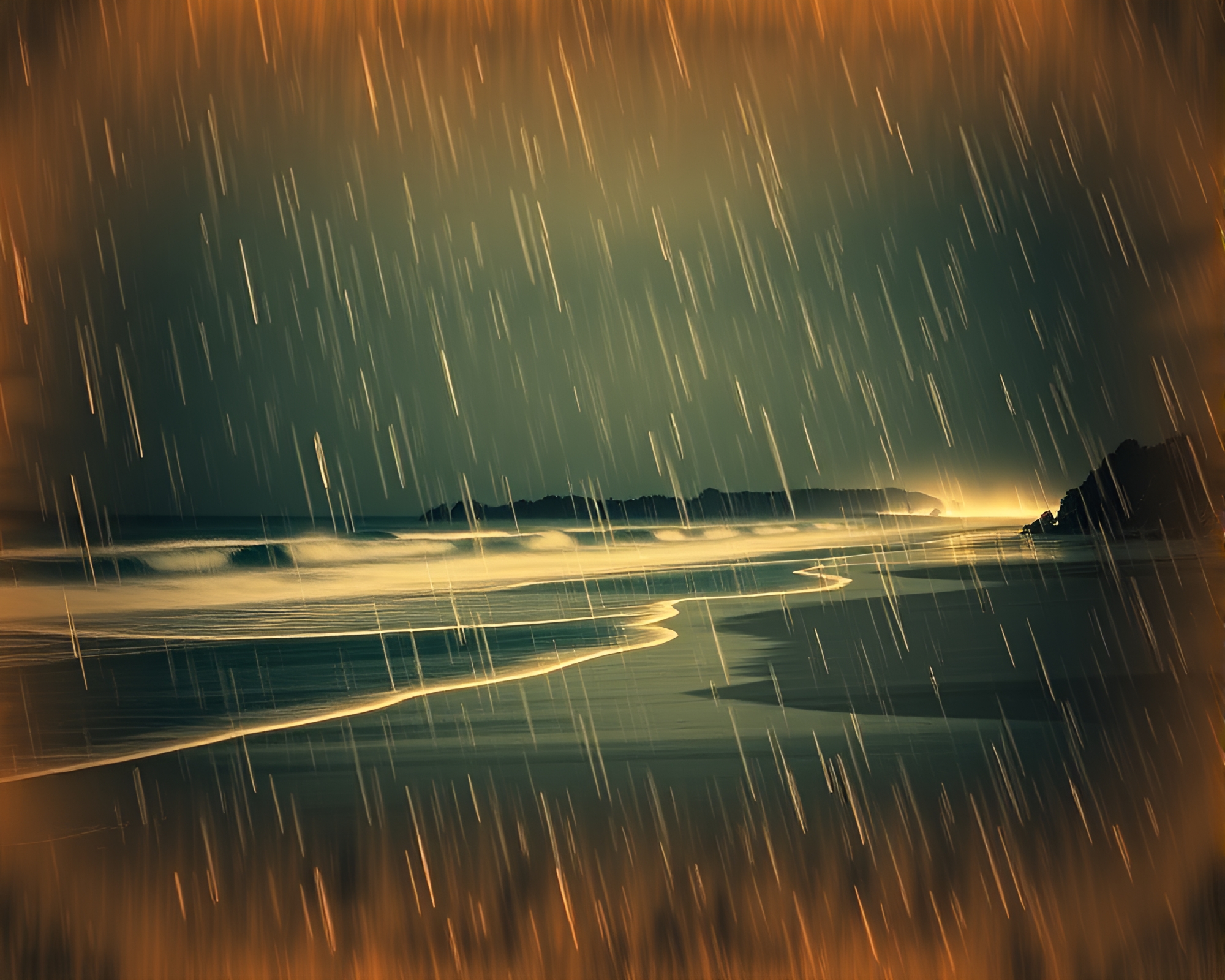 Ethereal Rainy Beach Shore in Infrared Sepia Tones – free AI stock image