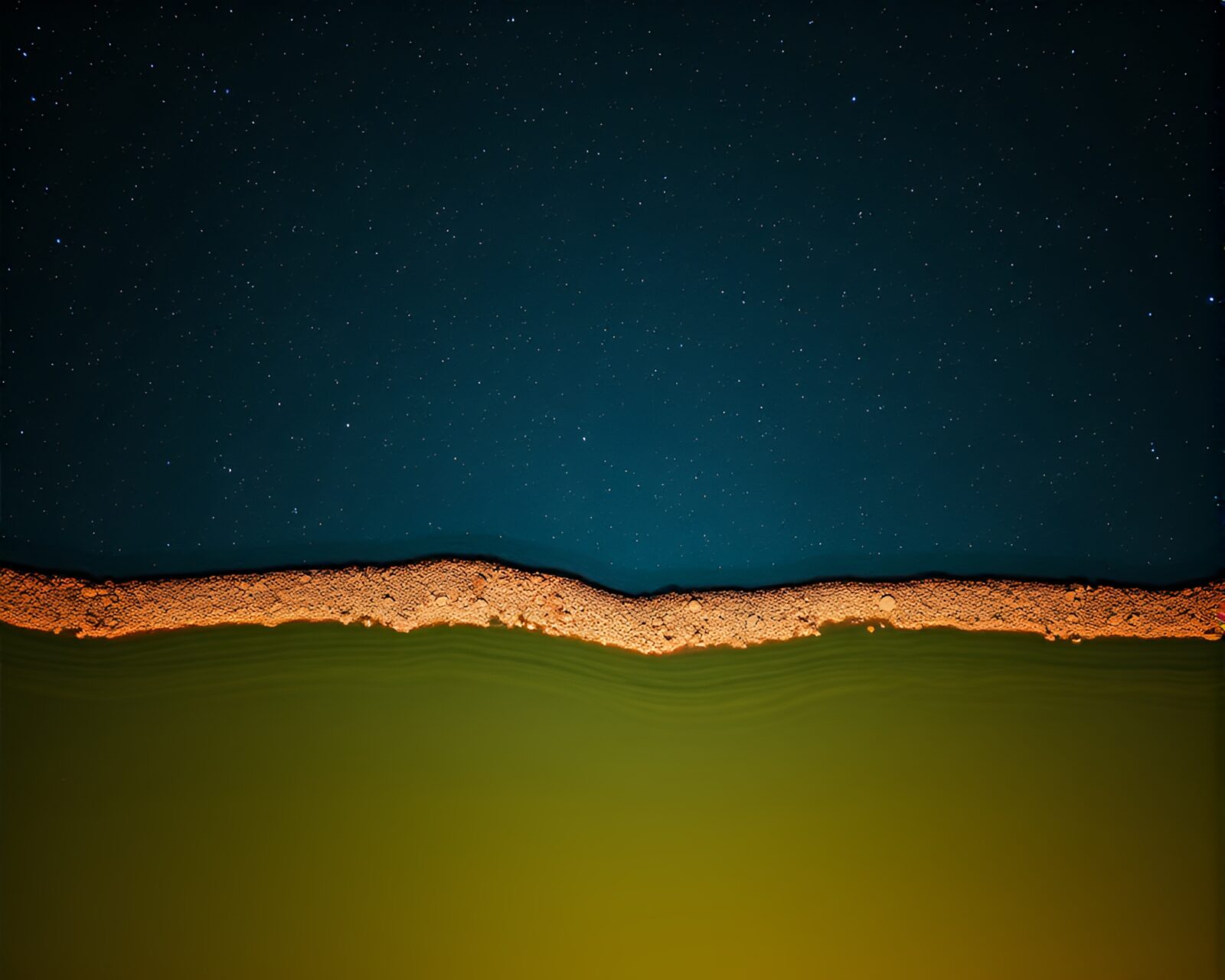 Enigmatic starlit river from a diagonal drone view.
