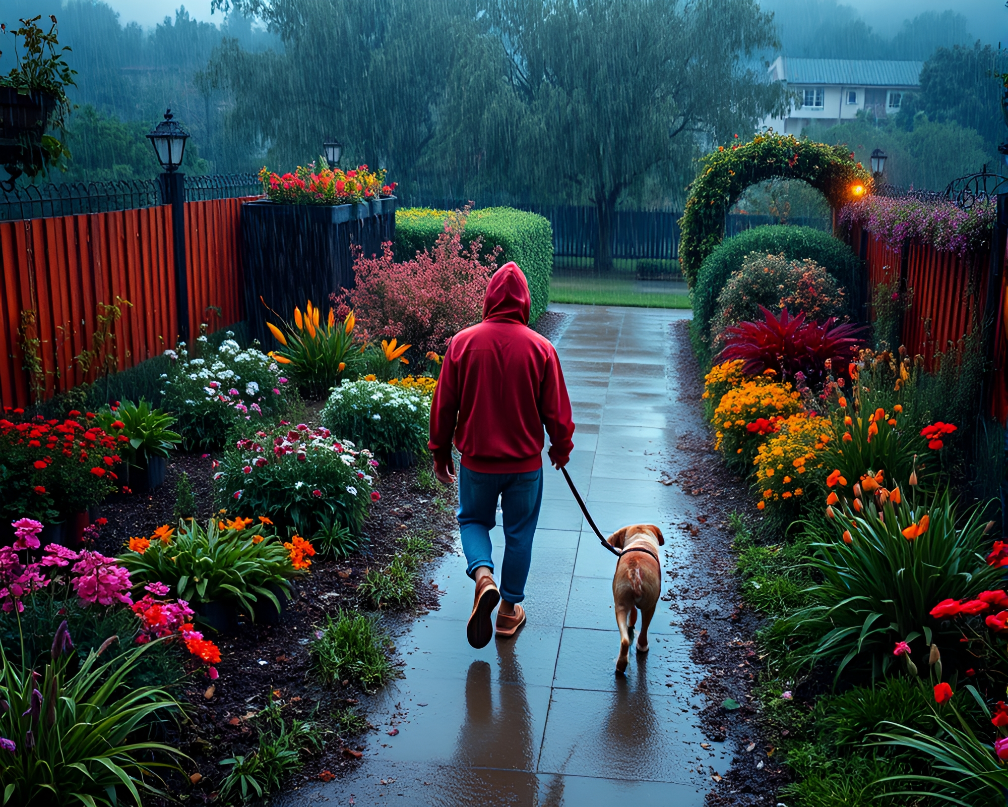 Rainy Day Stroll: Gardener with Dog in Vibrant HDR – free AI stock image
