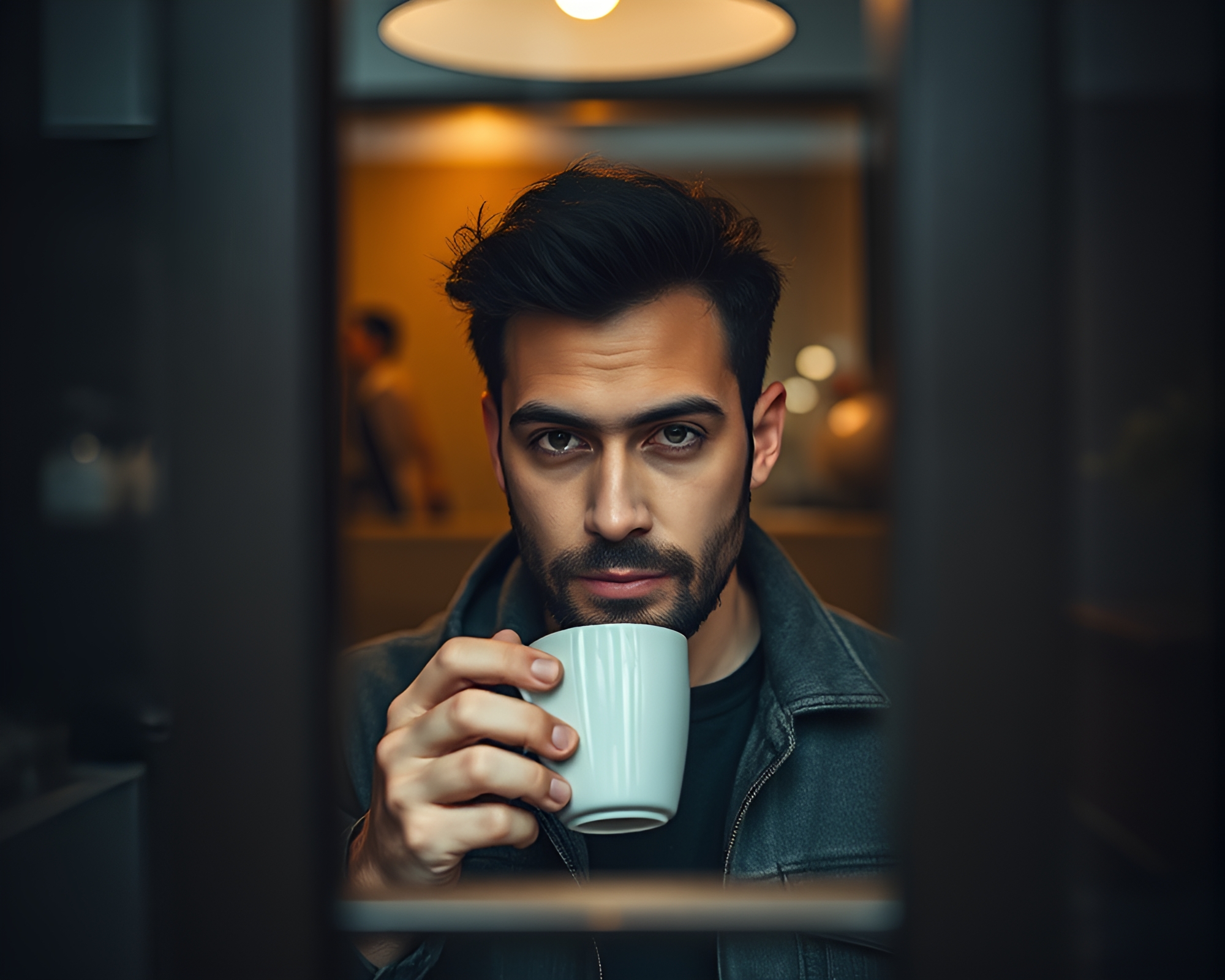 Moody Portrait of Man Drinking Coffee in Frame – free AI stock image