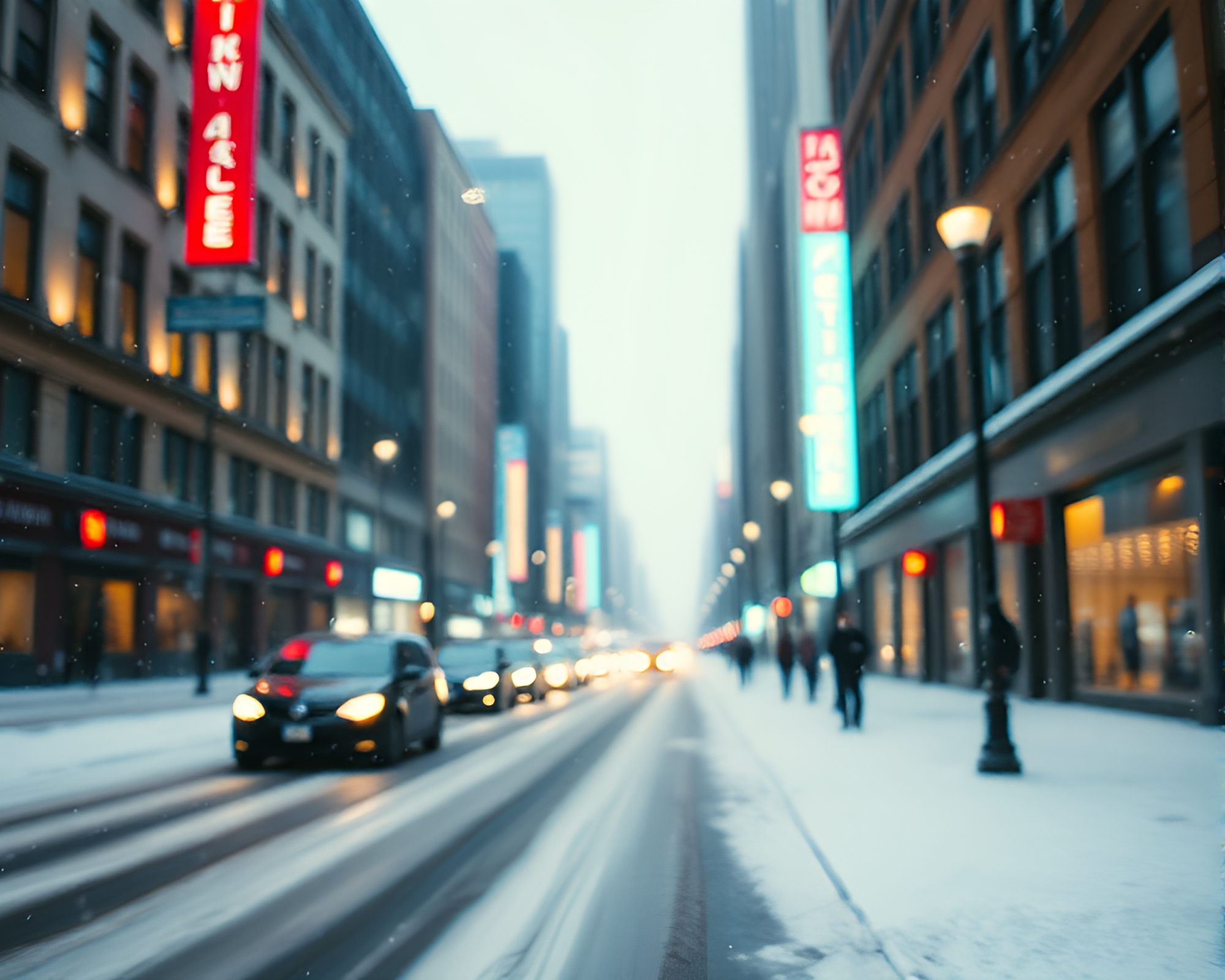 Snowy City Street with Futuristic Vibes – free AI stock image