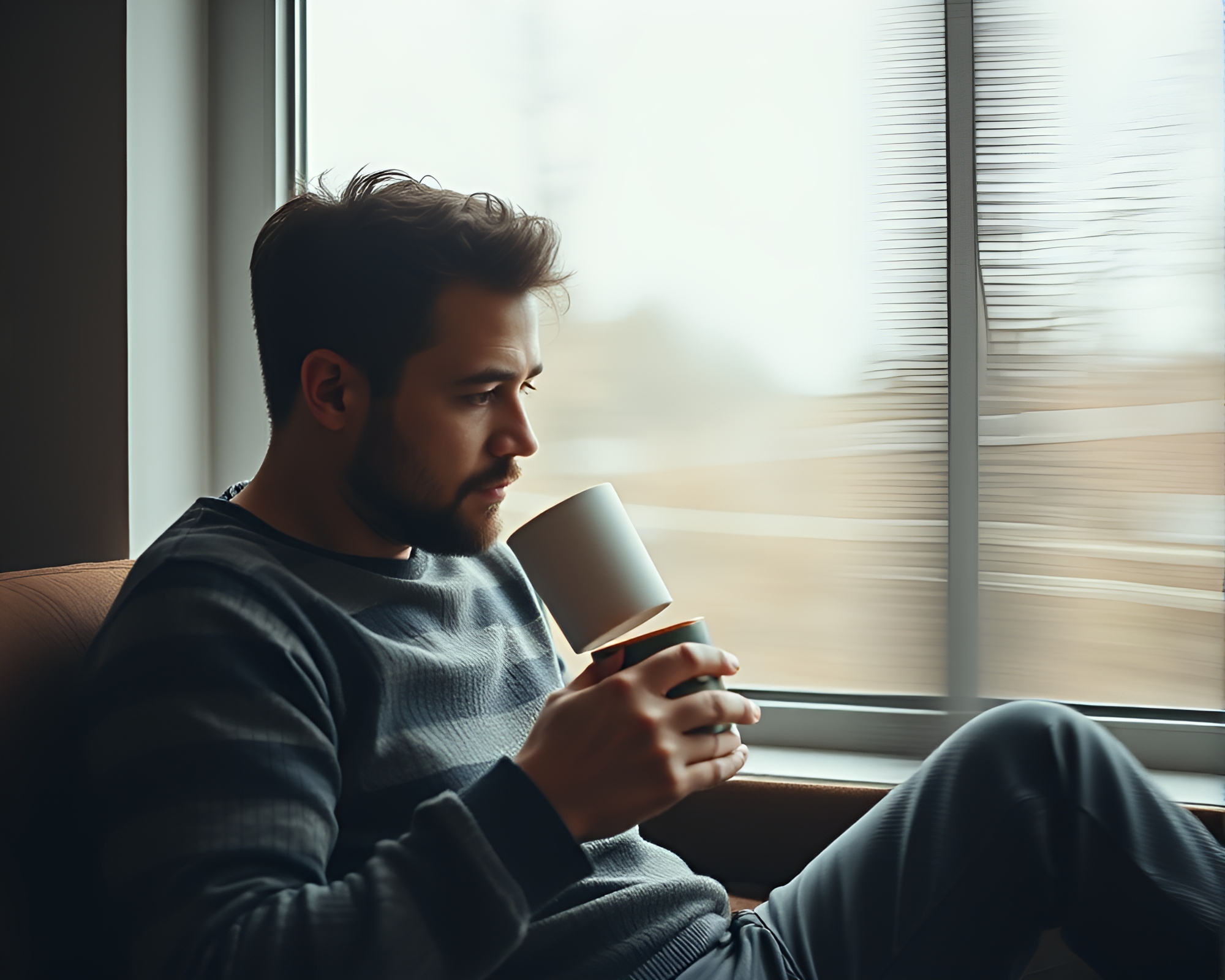 Coffee break: drinking man in abstract leading lines – free AI stock image