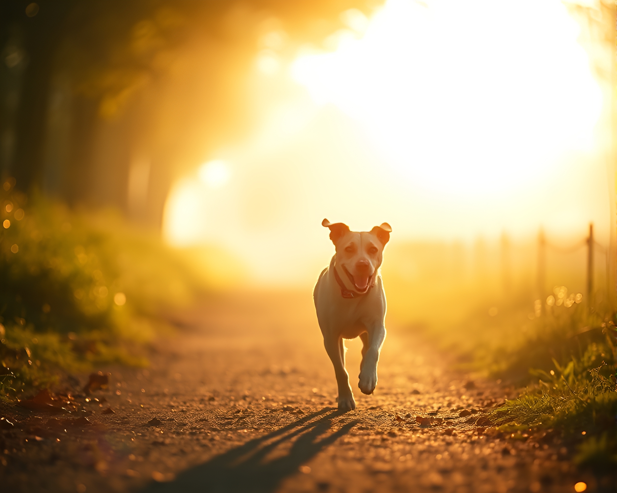 Romantic Sunset Stroll: Runner and Dog Silhouetted – free AI stock image