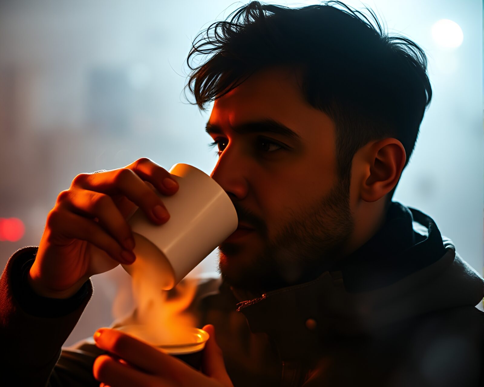 Long exposure of a photographer enjoying coffee in foggy backlight