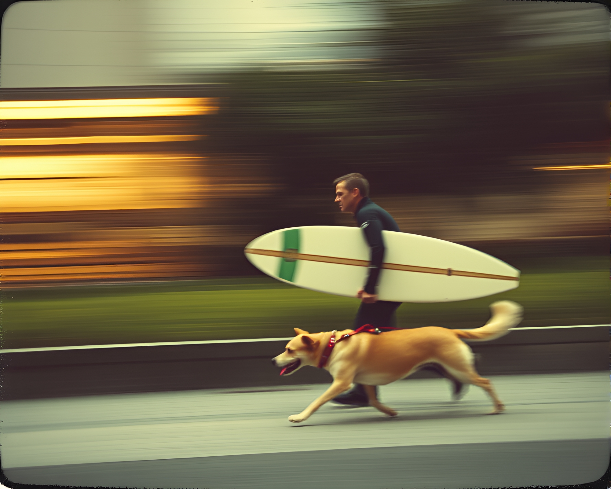 Moody Polaroid of Surfer Walking Dog on Beach – free AI stock image