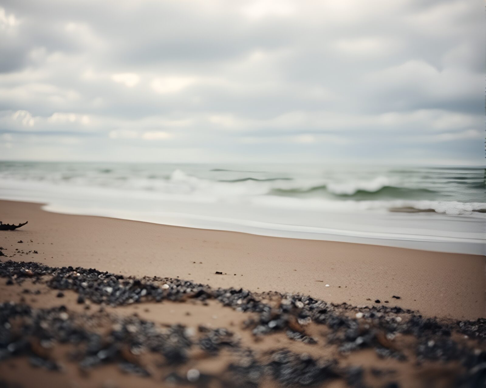 Wide-angle wildlife shot of overcast beach with ominous lighting