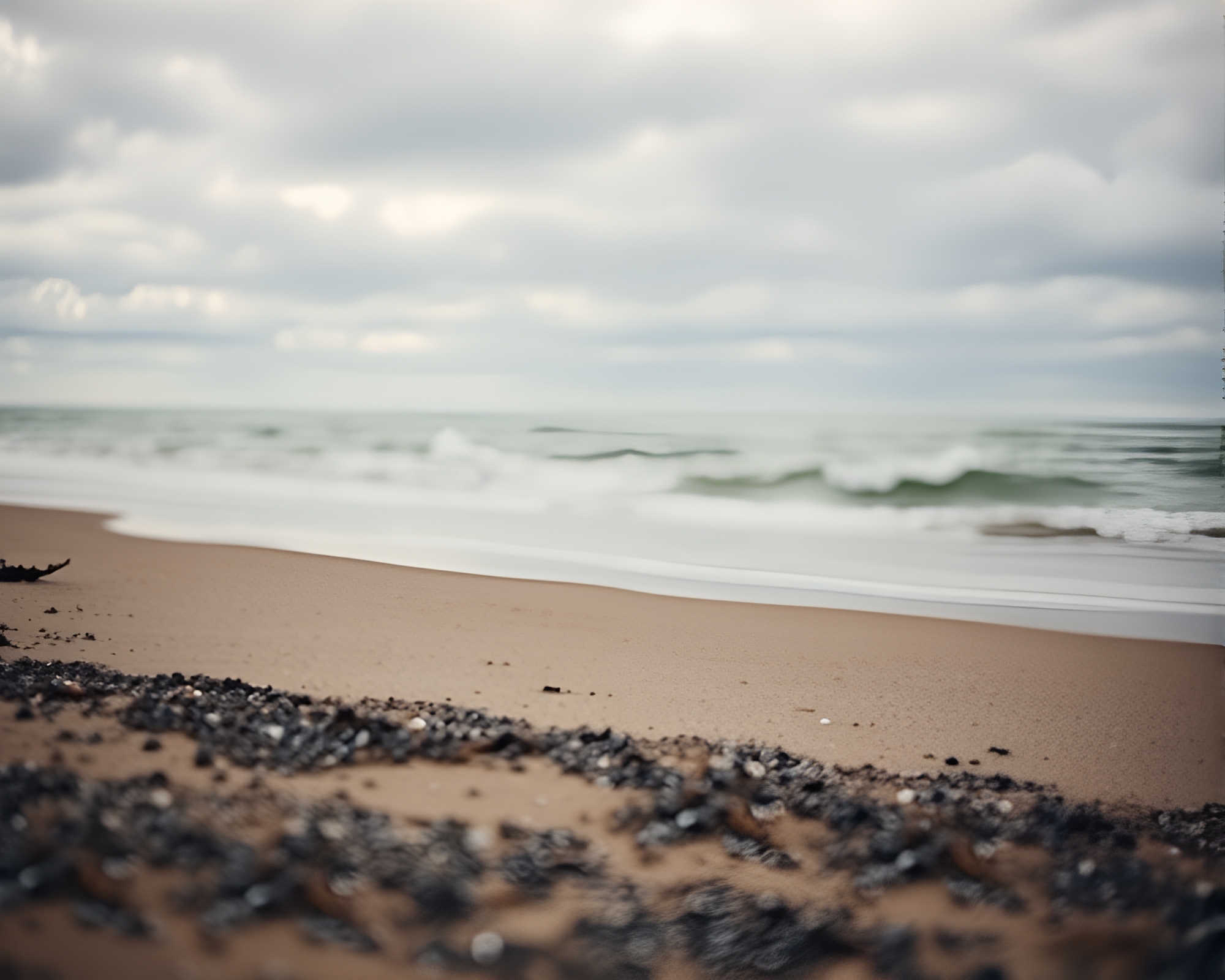 Wide-Angle Overcast Beach with Ominous Light – free AI stock image