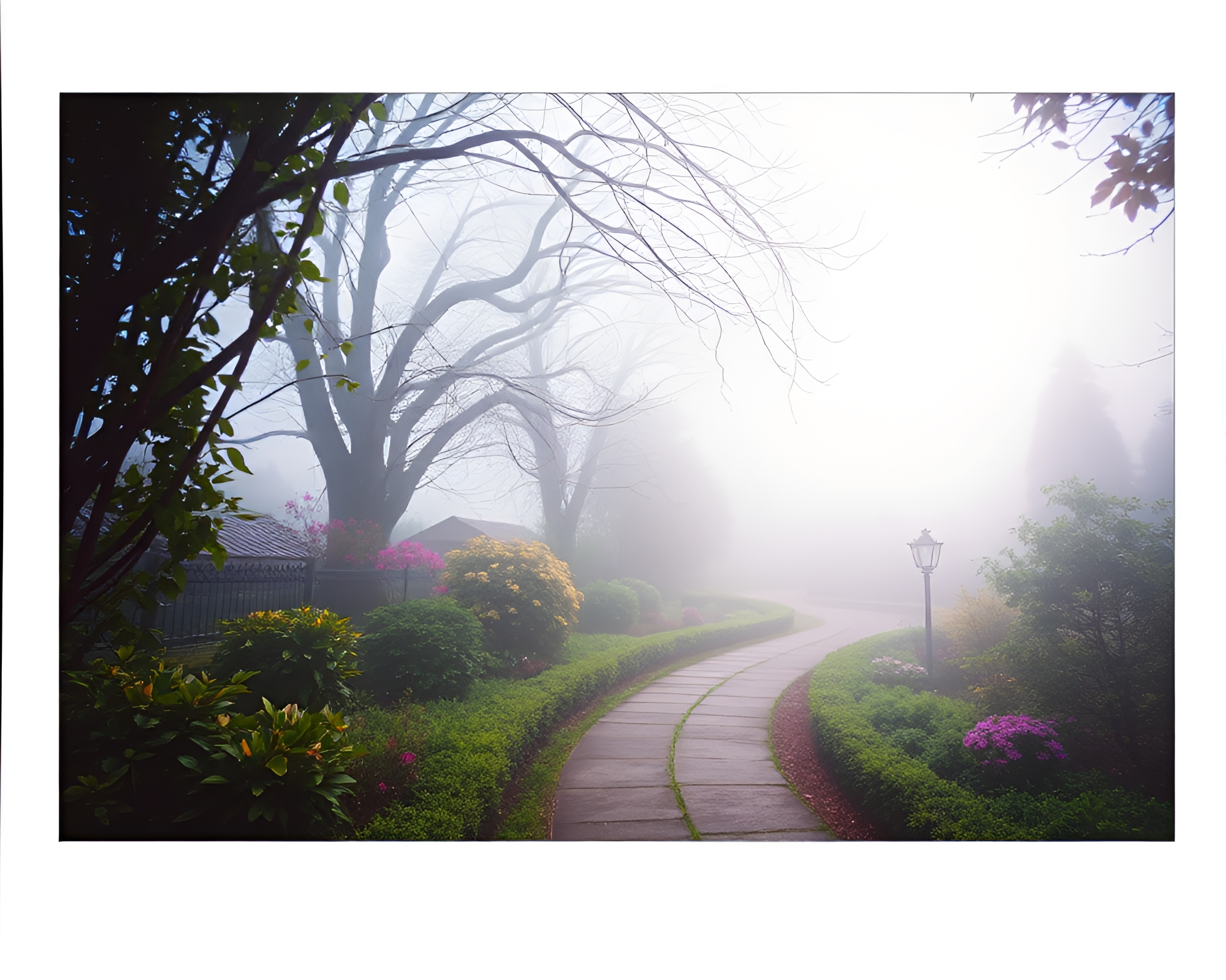 Mystical Garden Pathway Through Enchanting Fog – free AI stock image