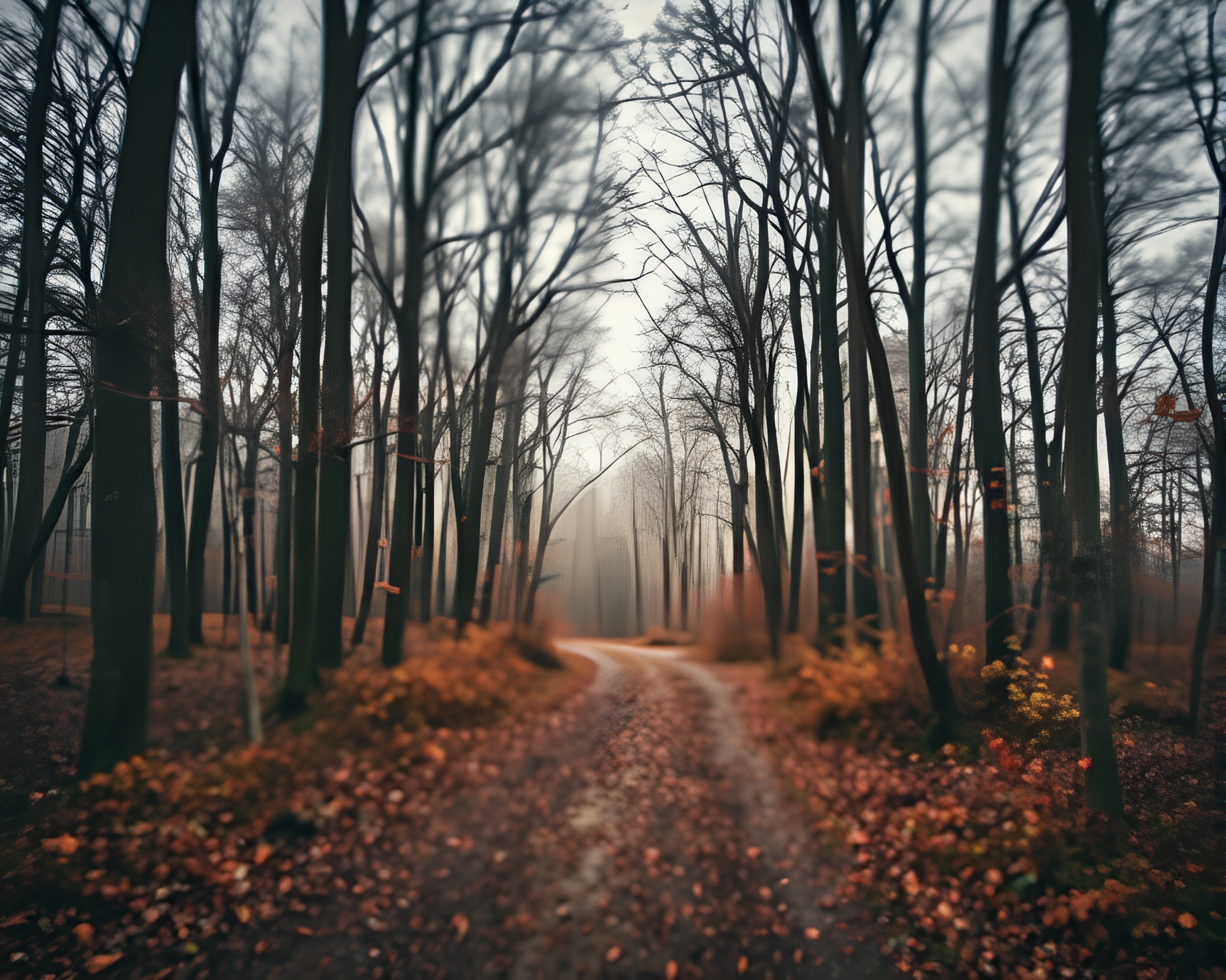 Mystical Monochrome Forest Path under Overcast Skies – free AI stock image