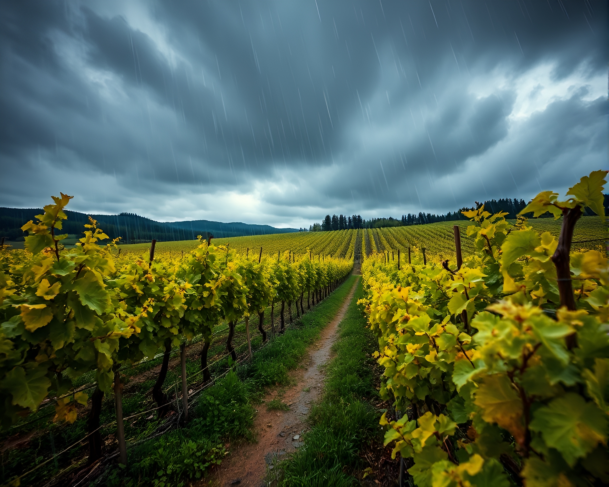Rainy Vineyard Rows at Golden Hour – free AI stock image